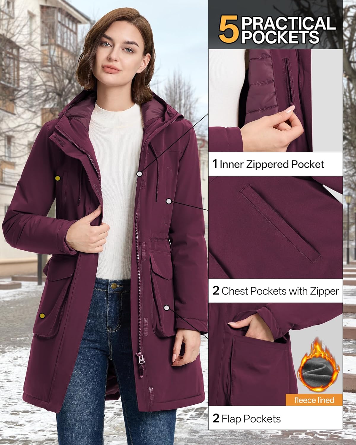 33,000ft Women's Waterproof Insulated Coats with Hood Long Rain Jackets Thicken Warm Winter Coats Windproof Jacket for Travel - Image 2