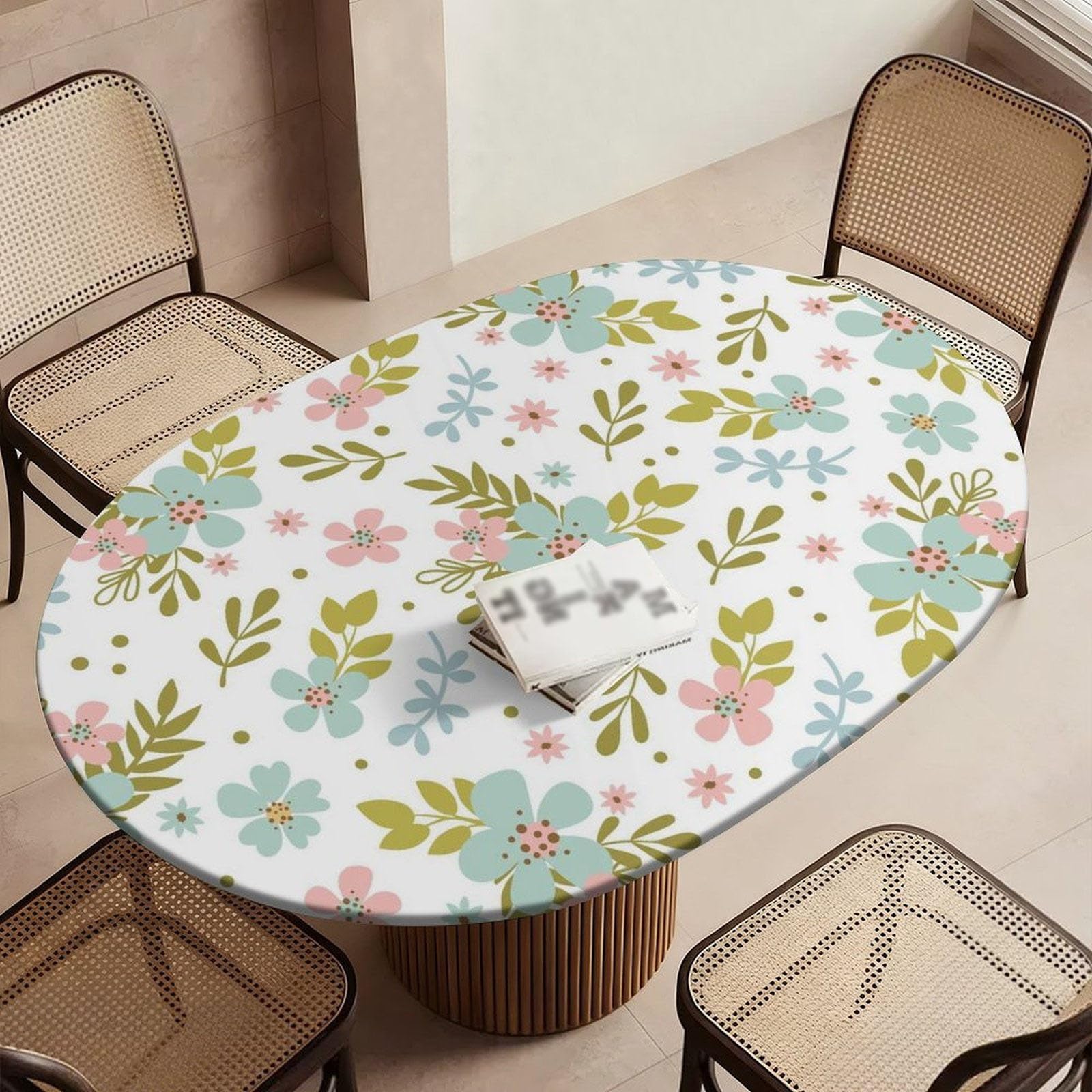 Highdi Waterproof Oval Tablecloth Cover - Oxford Cloth - Elastic Fitted for Kitchen/Garden Oval Tables, Stain-Resistant Wipe-Clean Floral Printed Table Cover (Blue flowers,132x193cm)