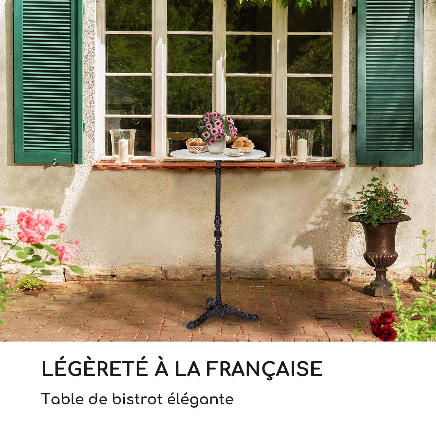 blumfeldt Patras Taverna Table Bistrot - Table Haute a Bord Decoratif, Mange-Debout avec Pied en Fonte, Interieur & Exterieur, Resistante a l'eau et au Gel, 60 cm Dia, 110 cm Hauteur, Blanc