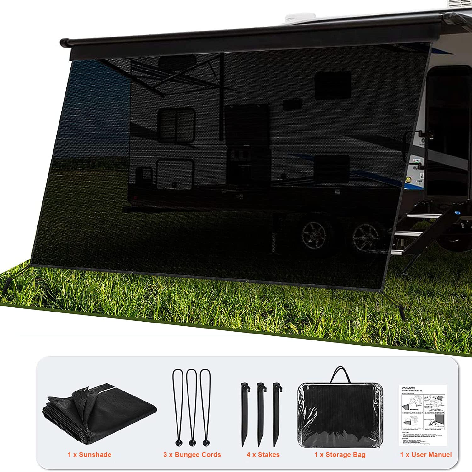 PACEWALKER Wohnmobil View Blocker Sonnenschutz,Vorderwand für Markise,2.45 m x 3.75 m Universeller RV Markisen Sichtschutz Vorderwand Bildschirm mit kompletten Kits