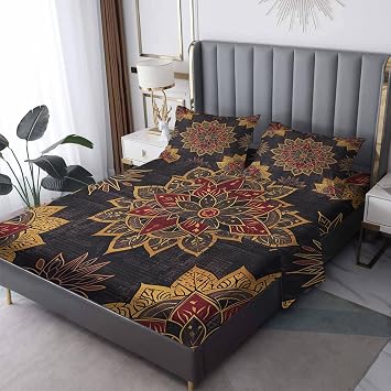 Vintage Mandala Sheets Twin Sheet Set, Tribal Bohemian Black Gold Bed Sheets, Boho Chic Ethnic Medallion Bedding Bedroom Decor, Soft Microfiber Deep Pocket Fitted Sheet & Flat Sheet & 1 Pillowcase