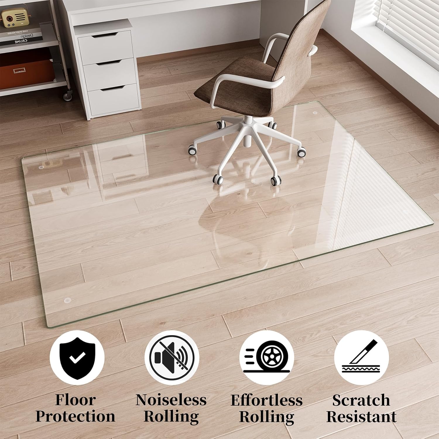 Glass Chair Mat 30" x 48" Heavy Duty Tempered Glass Office Chair Mat, Glass Floor Mat with Round Corner and Polished Edge for Smooth Glide, Carpet Floor Protector,