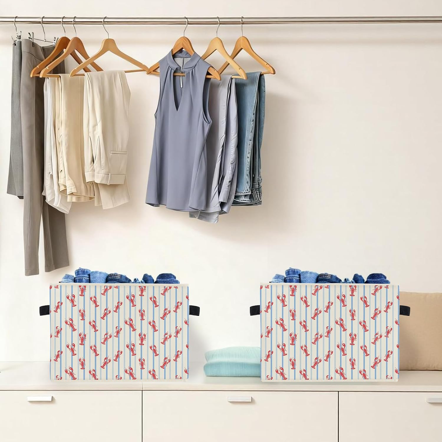 Red Lobster Beach Storage Box Bins, Coastal Nautical Crawfish Blue Striped Collapsible Storage Basket Organizer for Bedroom Laundry Room Home Clothes Books, Decor for Room image 4
