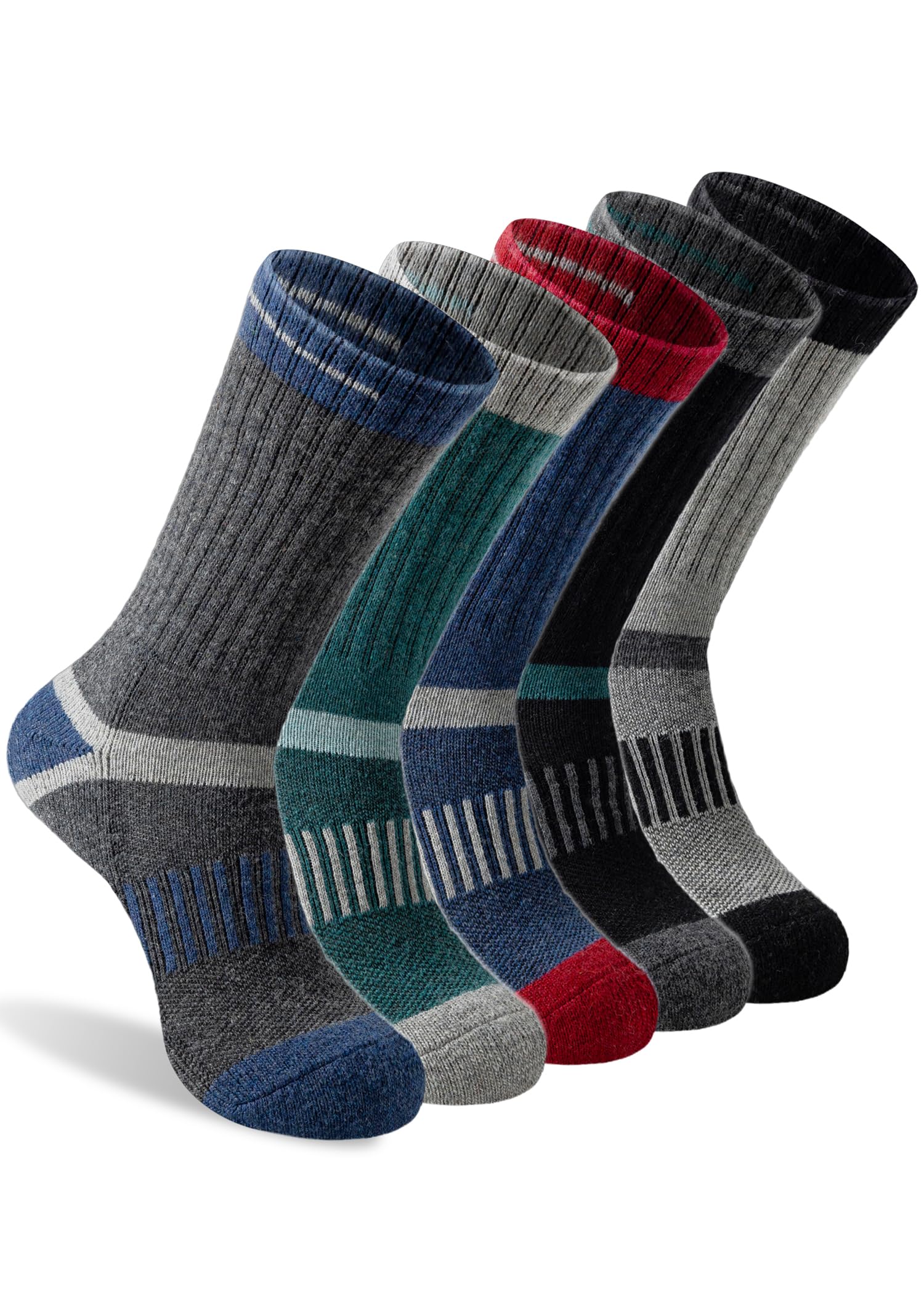 Huuwi Sports Men's Wool Socks Crew Hiking, 5 Pairs | Moisture Wicking, Cushioned, Boot Socks for Work, Running and Sports