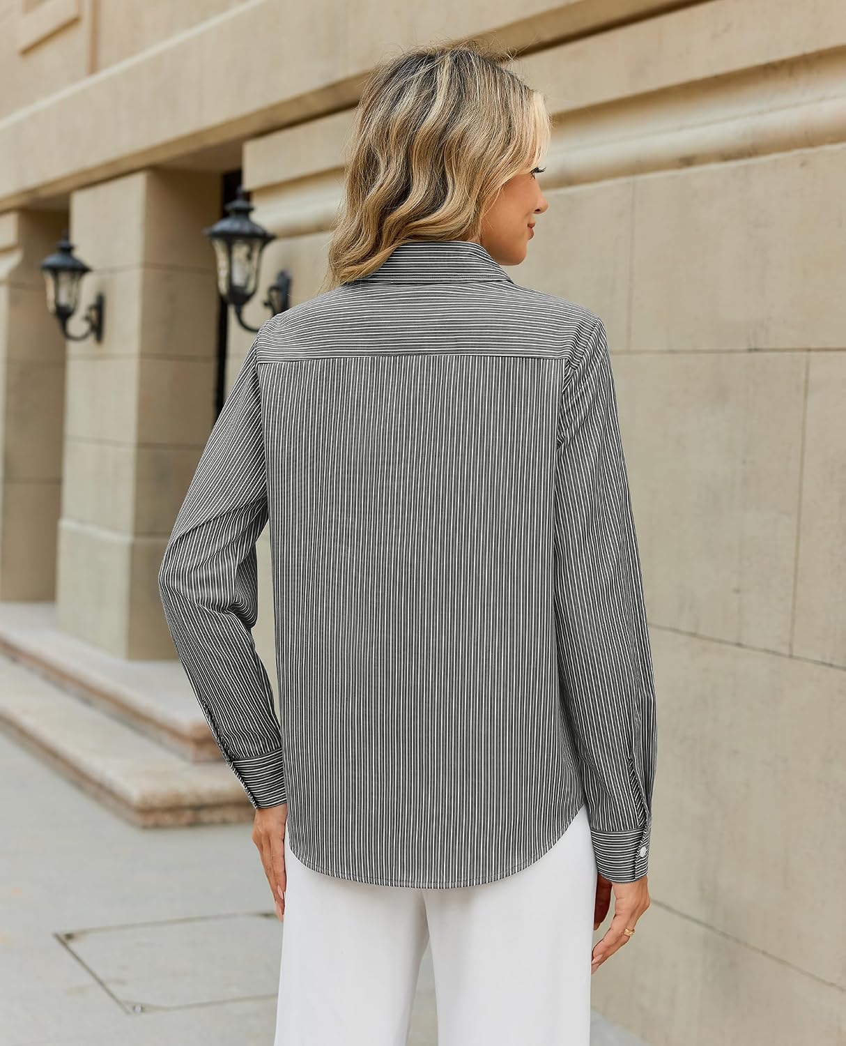 Striped Button Down Shirts for Women Dress Shirt Long Sleeve Cotton Casual Blouse Collared Office Work Tops with tie