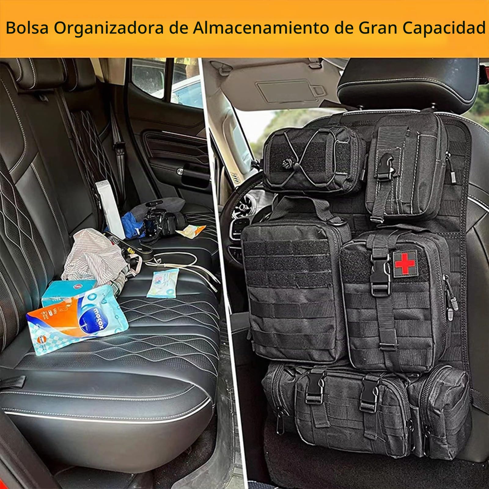 Organizador táctico para respaldo de asiento de coche, organizador universal de panel Molle, bolsa de almacenamiento con 5 bolsas Molle desmontables diferentes para todos los coches,