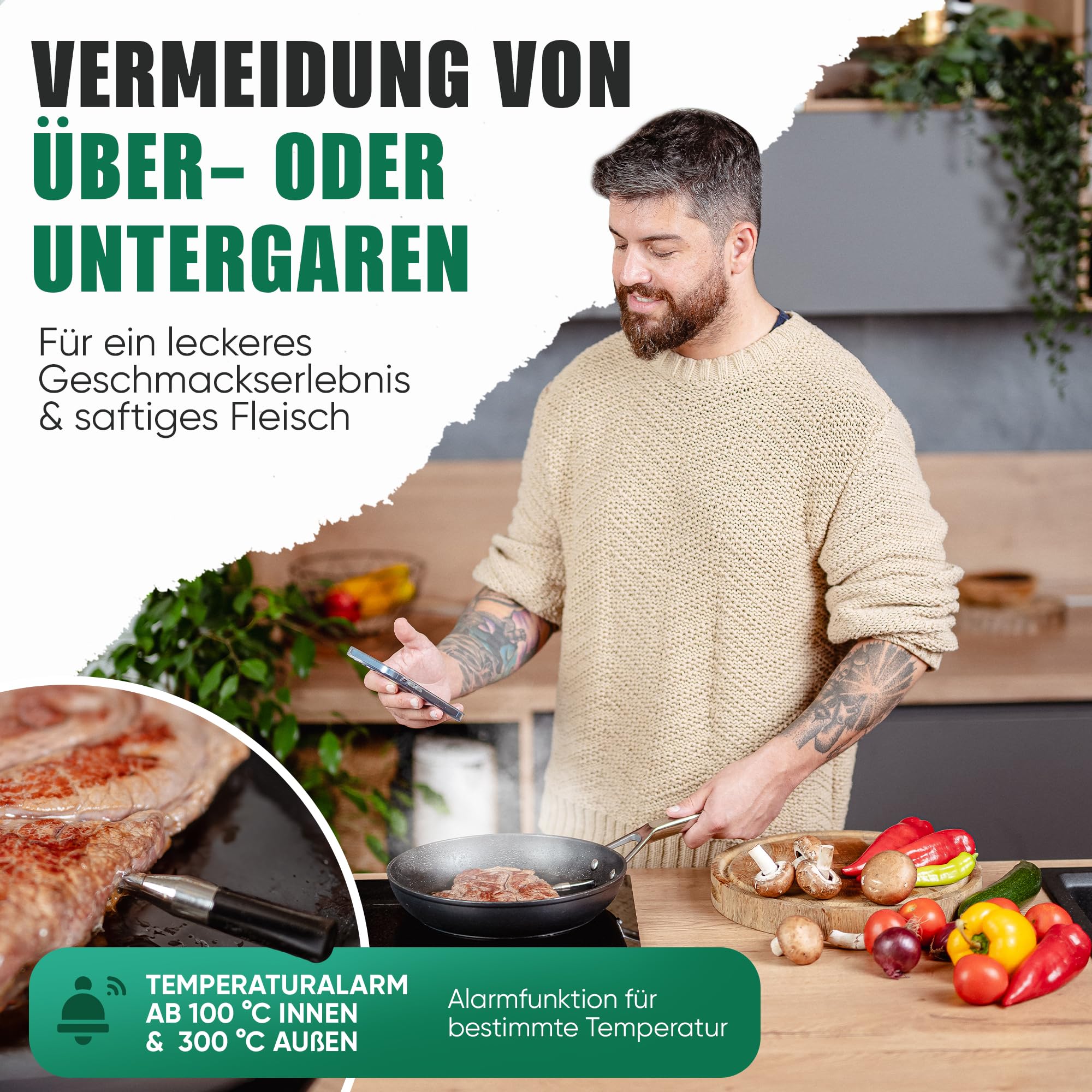 Fleischthermometer kabellos [inkl. App], Grillthermometer, intelligentes Bratenthermometer für Küche und Grill, hohe Reichweite, hitzebeständig bis 300°C, Thermometer Kochen, Küchenthermometer