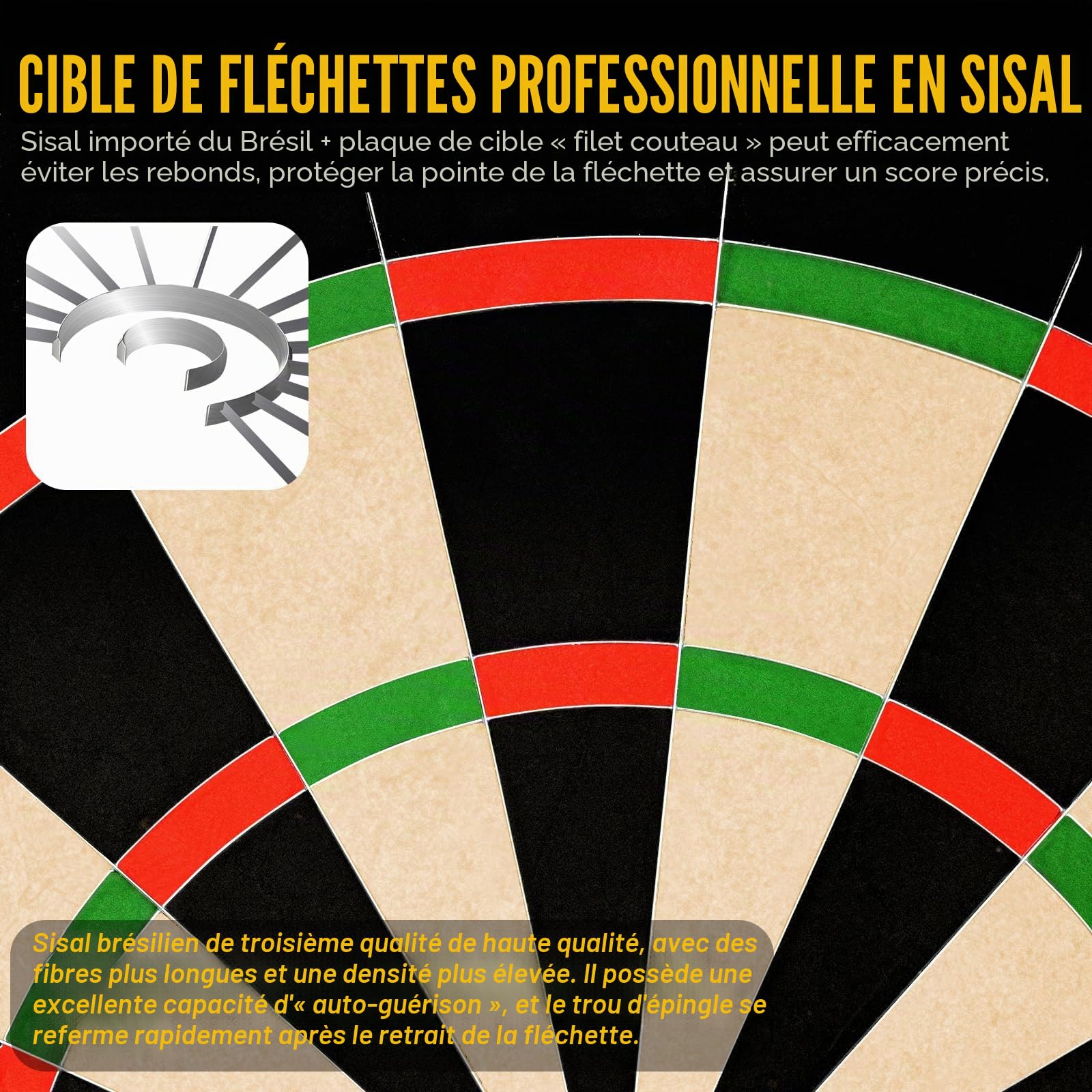 Jeu de fléchettes professionnel en poils de 45,7 cm - Cible de fléchettes en sisal avec 12 pointes en acier - Système sans fil pour réduire les rebonds - Cible rotative pour pub, famille, bureau