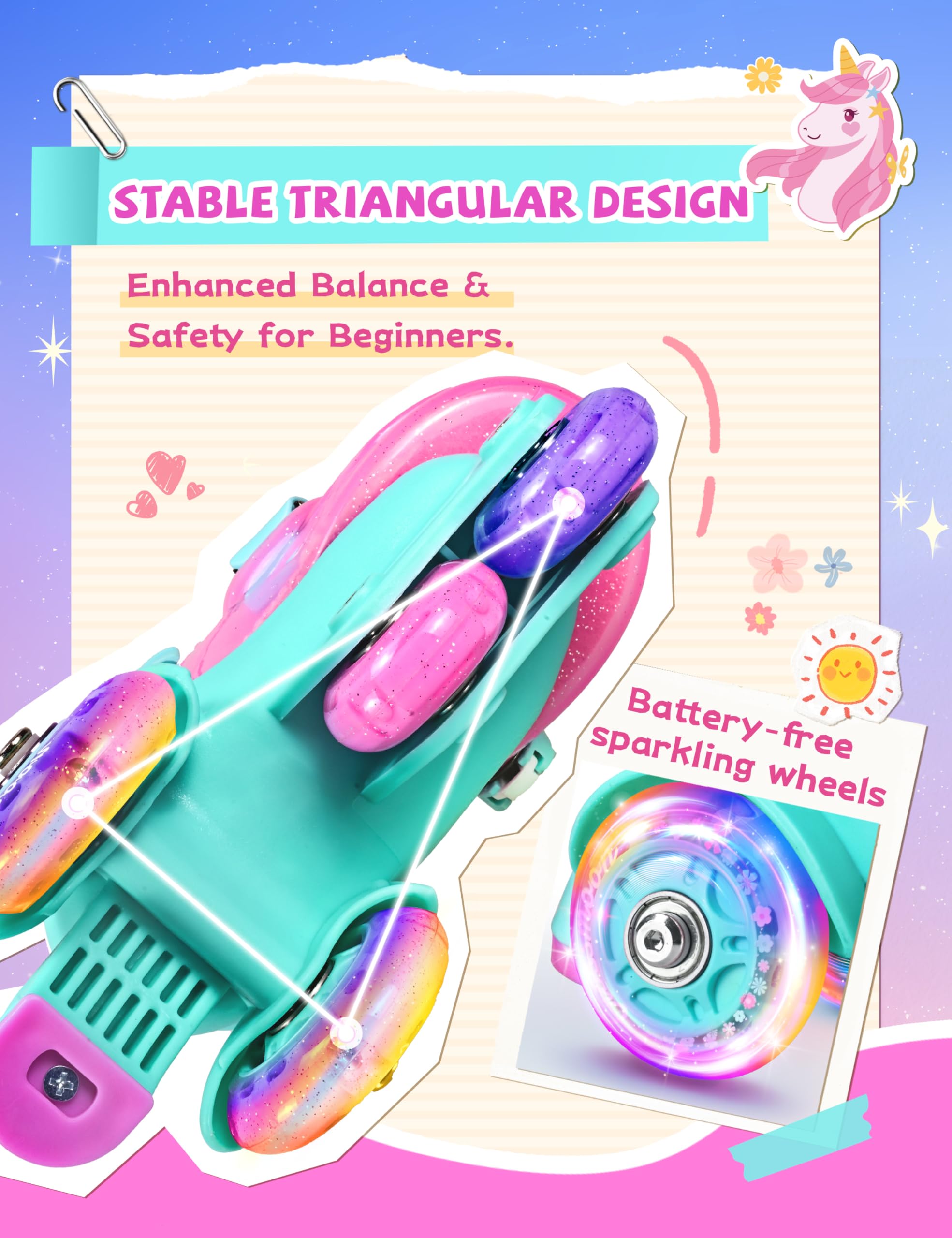 Unicorn Toddler Roller Skates, Kids Training Safety Tripple Protection Roller Skates with 4 Adjustable Sizes, Fun Light-Up Wheels, Little Girls' Fancy Gift