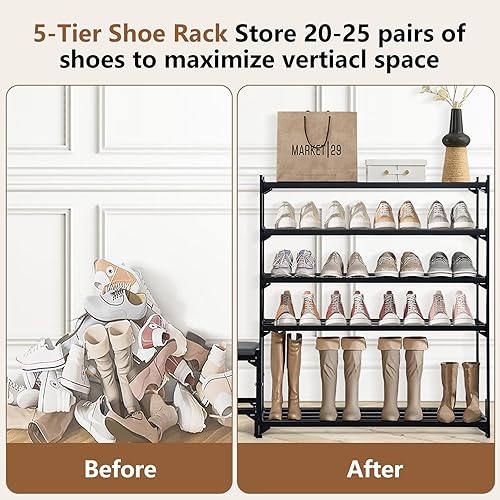 Miniatura 4 de AOHMPT Zapatero de 5 niveles con banco, estantes organizadores de zapatos que ahorran espacio, estante de zapatos con marco de metal negro con
