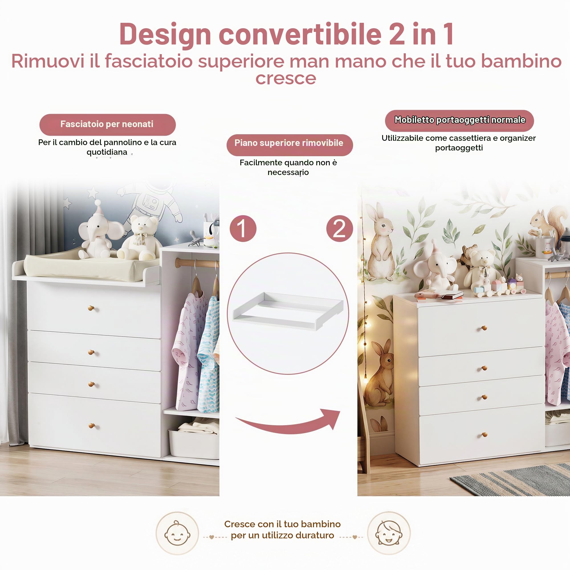 MSFE Fasciatoio con Cassetti, Zona per Appendere i vestiti, Multifunzionale Cassettiera con Fasciatoio + Toeletta, Non include il cuscino, 2 confezioni, 150x112x38cm, Grande Capacità
