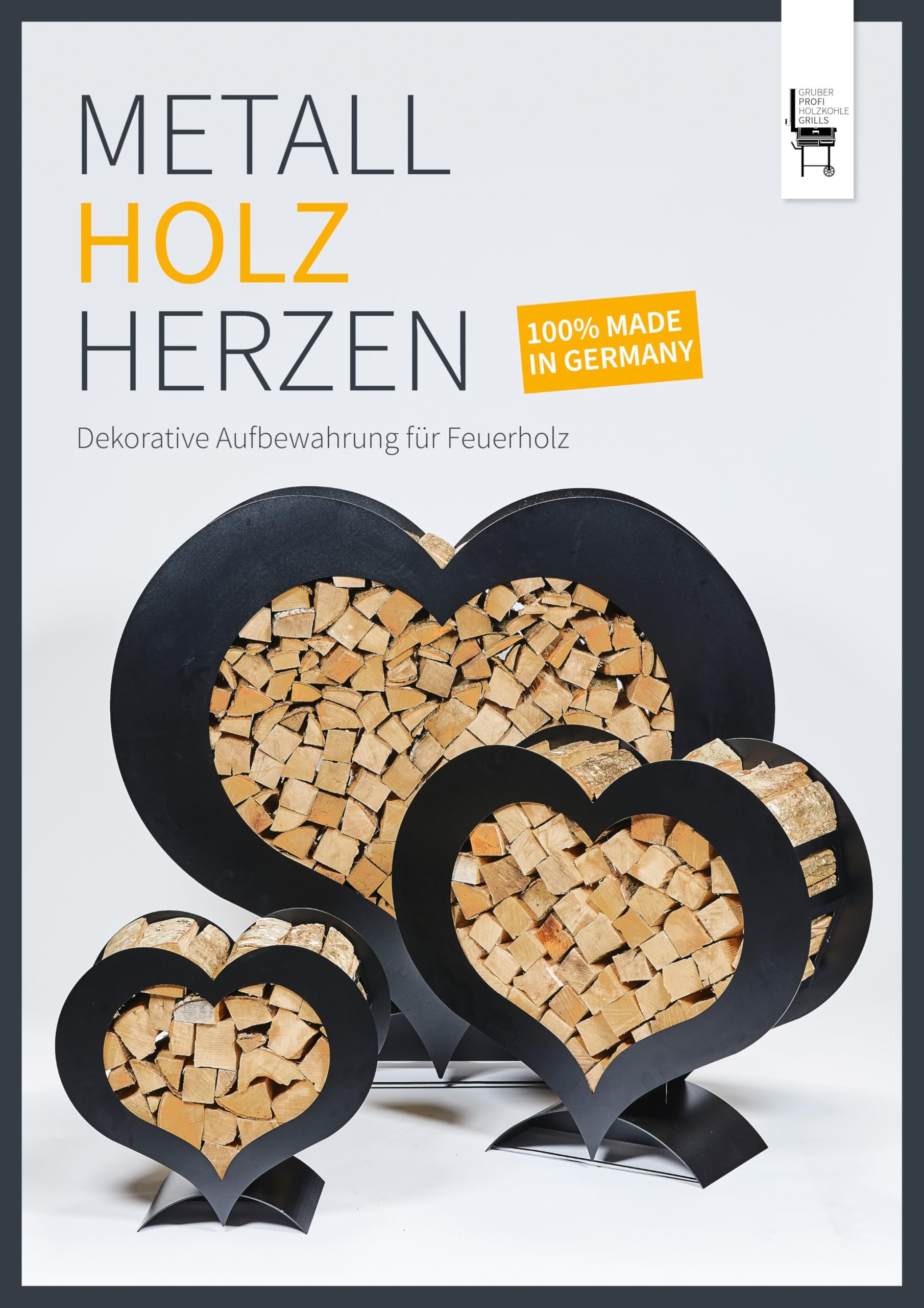 Gruber, Herz-Holzständer, schwarz, Dekoratives Kaminholzregal aus pulverbeschichtetem Stahl, stilvolles Brennholzregal für Innen- und Außenbereiche, 36 x 67 x 62 cm, ohne Holz geliefert