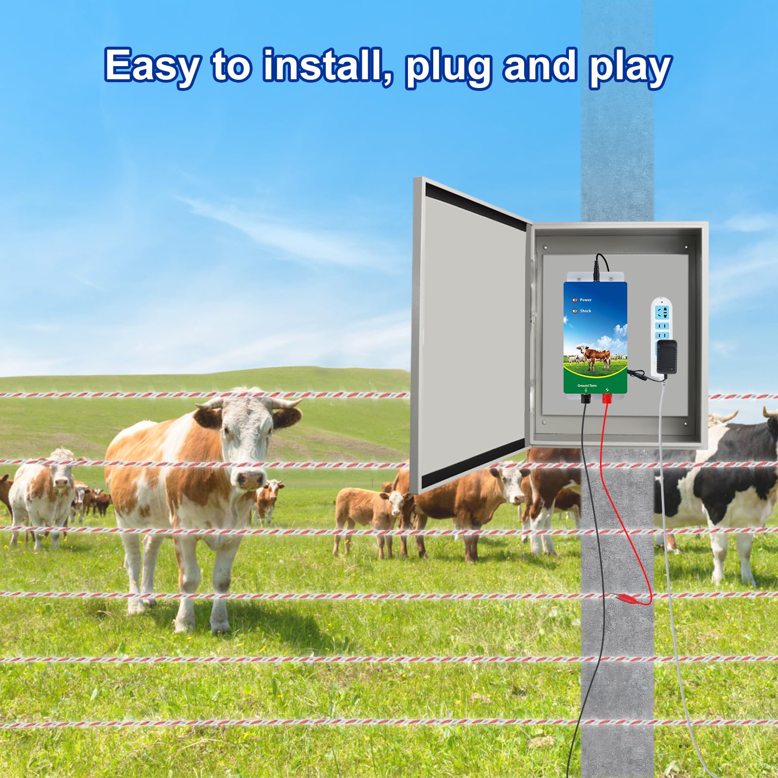 10KM Cerca eléctrica, Controlador de pulso de alto voltaje seguro, Granja de animales Cerca eléctrica Pastor para jabalí Vacas Caballos Perros Cerdos gallinas Zorros