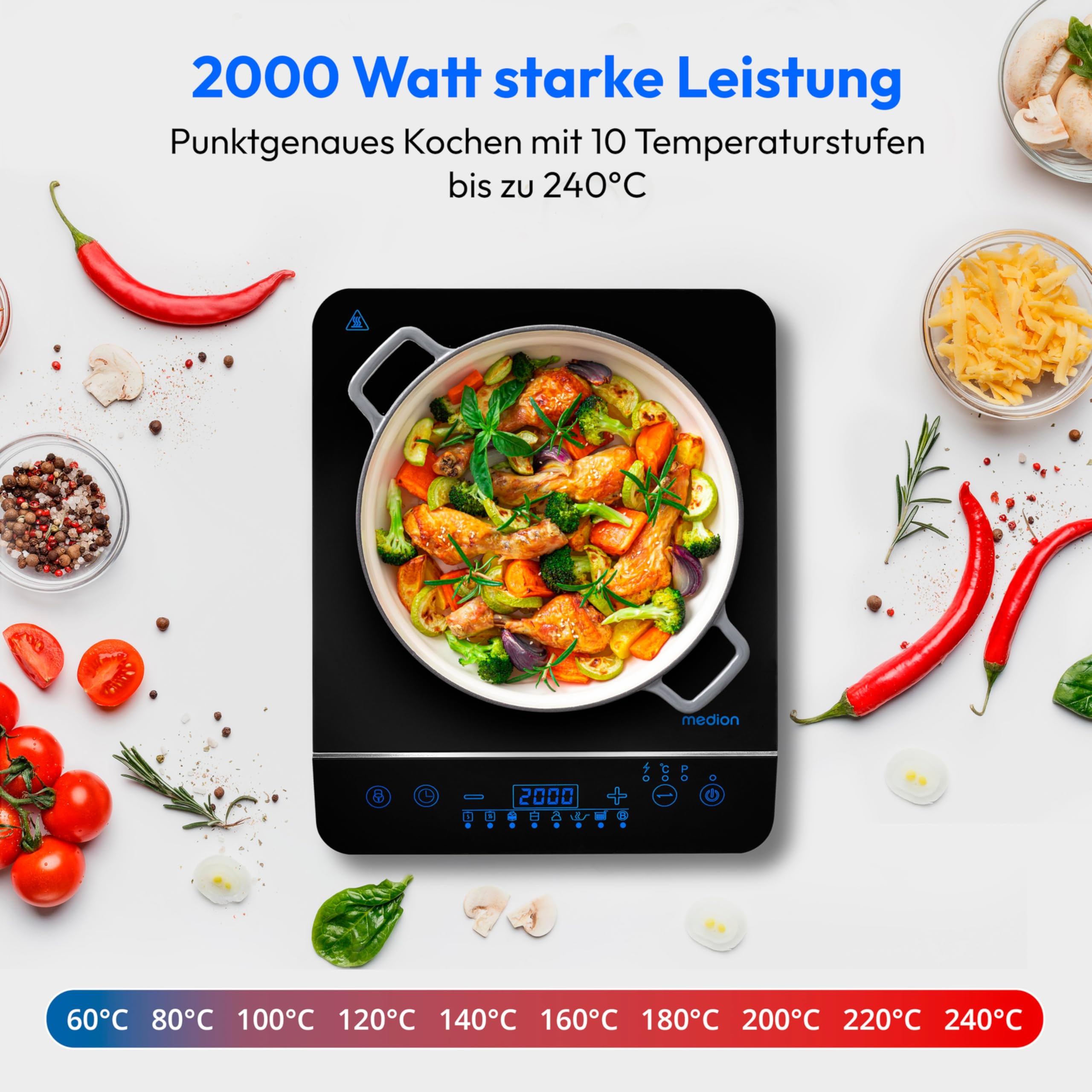 MEDION Induktionskochplatte 2000 Watt 60-240°C 8 Automatikprogramme 10 Leistungsstufen LED Display schwarz