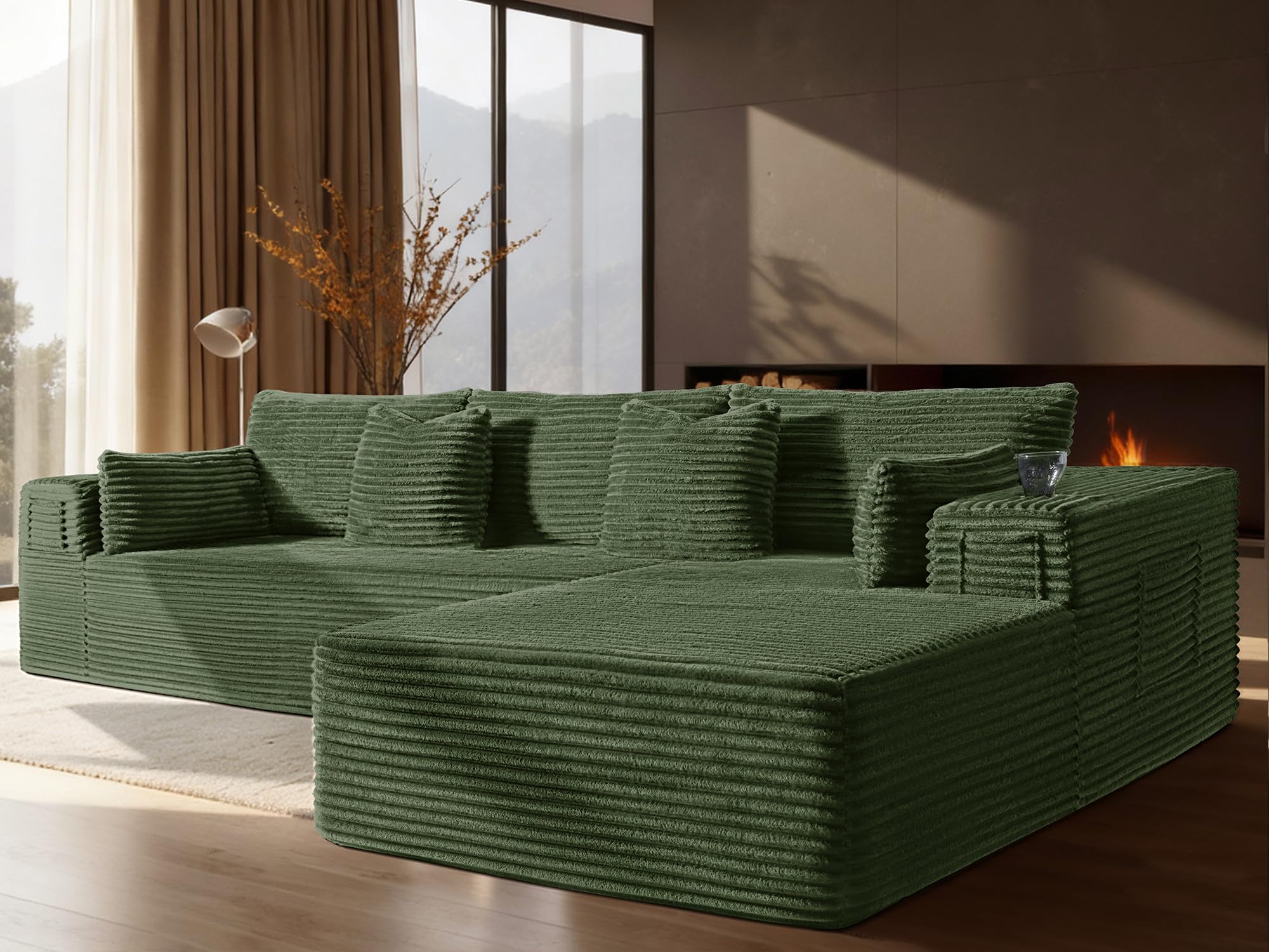 108" Cloud Sectional Couch, Comfort L Shaped Boneless Couch for Living Room, Extra Deep Seats No Assembly, Minimalist Modular Sofa, Corduroy (Olive Green, 2 Seater+Right Facing Chaise)