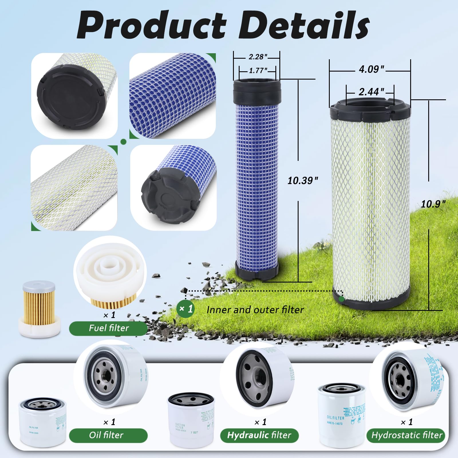 Tune Up - Kit de filtros de servicio de mantenimiento compatible con Kubota L2501 L2800 L3200 L3400 L3700SU L3800 HST Tractor, filtro hidráulico de aire y aceite de repuesto # HH164-32430 HH3A0-82623