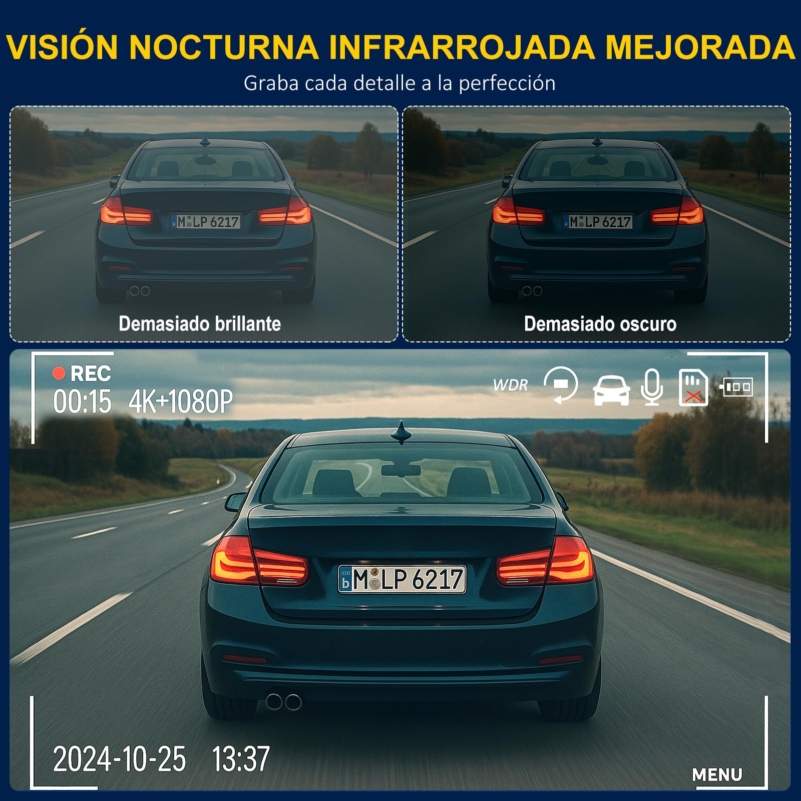3 Canales Dash CAM Coche, 4K+1080P+1080P Camara Coche, 5G WiFi, Tarjeta 64G, Pantalla 3.16", Super Visión Nocturna, Gran 170°, WDR, Grabación de Bucle, G-Sensores, Monitorización 24 Horas para Coche
