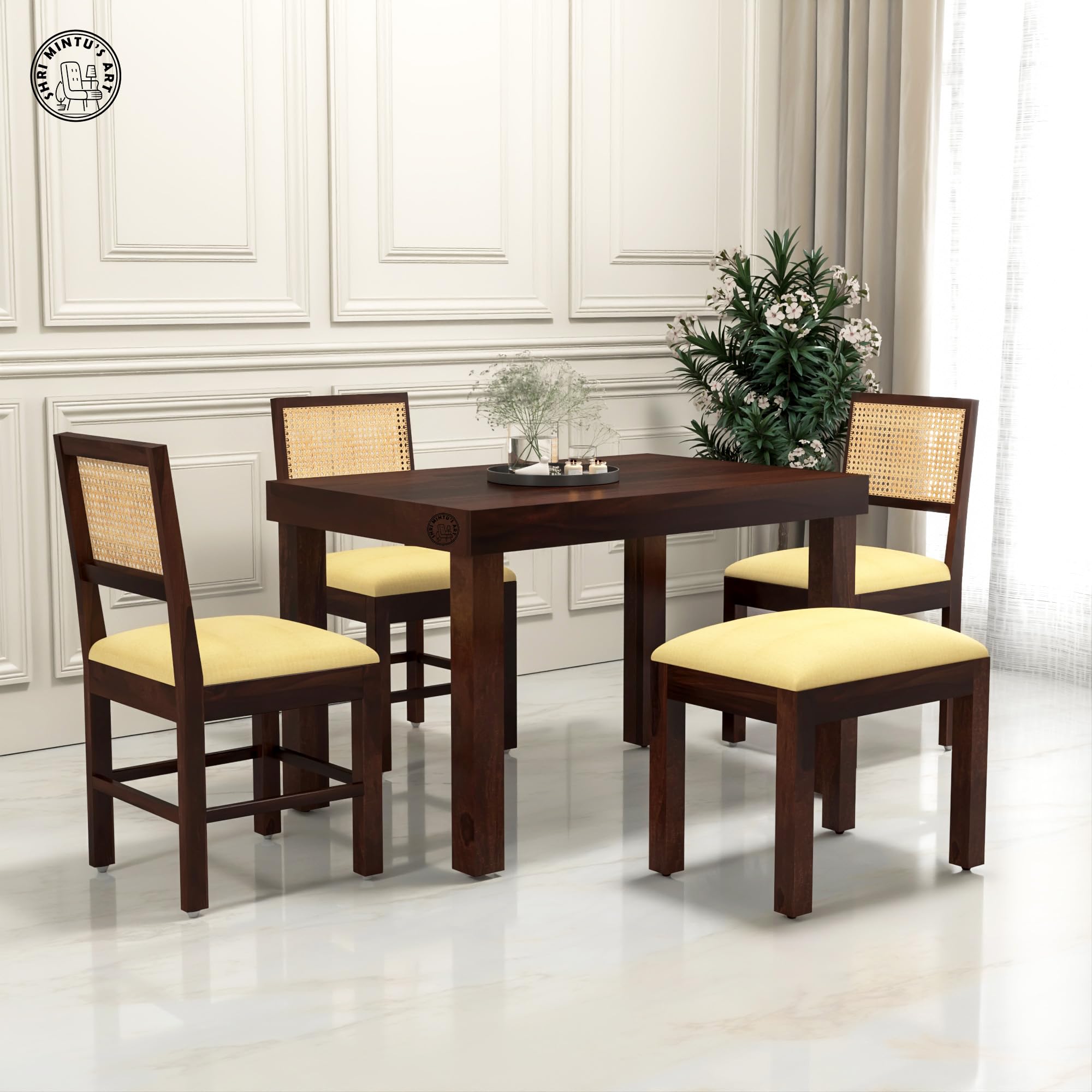 SHRI MINTU'S ART Solid Wood -Seater Dining Table Set with 3 Cushioned Chairs & Bench | Sheesham Wood Dining Set for Home | Wooden Dining Furniture for Kitchen & Dining Room (Walnut Finish)