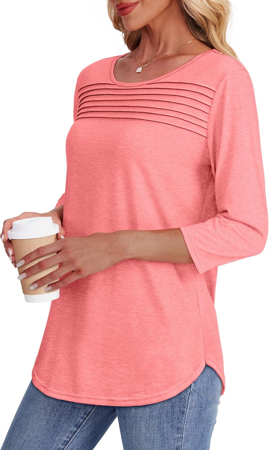 OFEEFAN Womens Tops 3/4 Length Sleeve Blouses Dressy Casual Spring Summer Fall Outfits Pleated Front T Shirts Curved Hem - Image 4