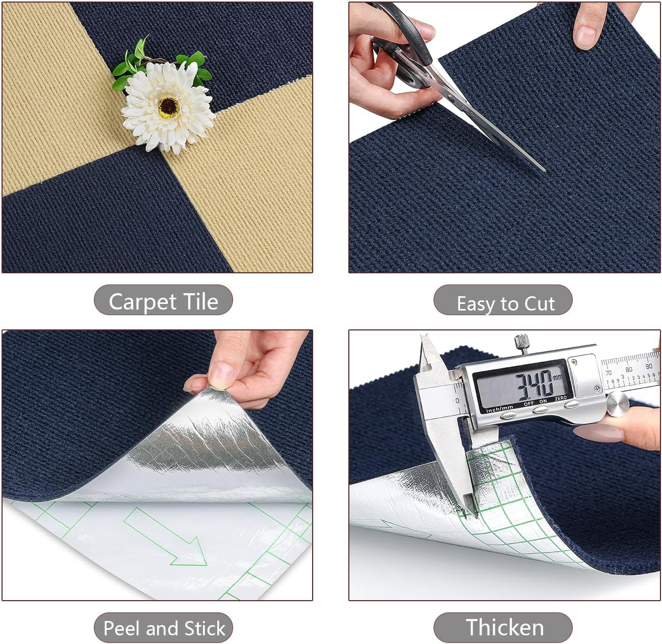 Yenhome 30 Tile Carpet Squares 12"X12" Carpet Tiles Peel and Stick with Padding, Basement Floor Carpet Tiles, Office Carpet Dark Blue Carpet Squares for Classroom Non Slip Navy Blue Carpet Tiles