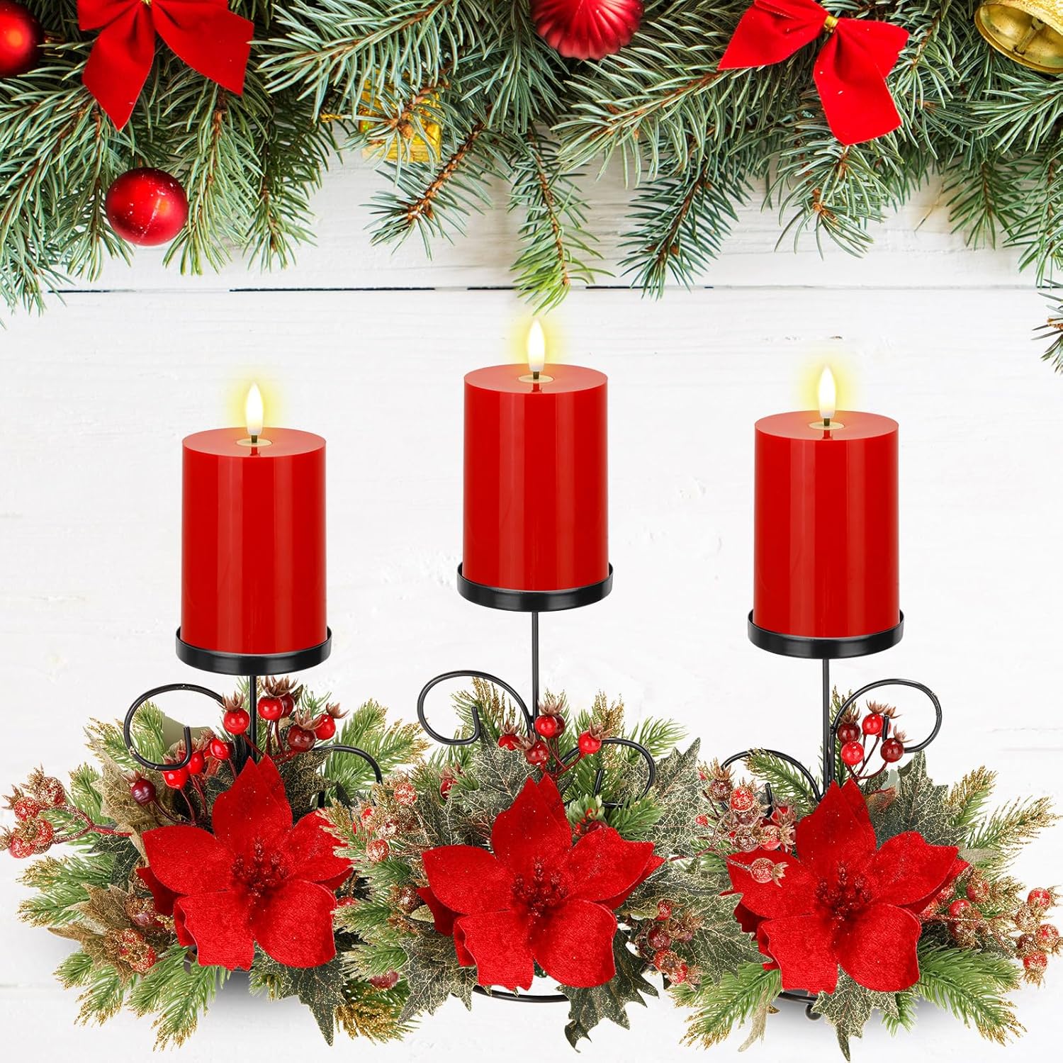Yunlly Set of 3 Christmas Candle Holder Centerpiece with 3 Candle LED Battery Operated Poinsettia Artificial Xmas Table Decorations Base Candelabrum for Dining Room Mantle Kitchen Indoor Home