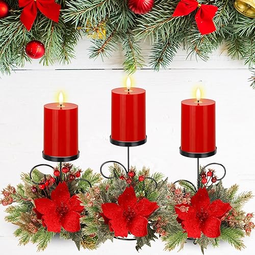 Yunlly Juego de 3 candelabros de centro de mesa de Navidad con velas sin llama, candelabro adornado de flor de pascua para Navidad, fiesta familiar,