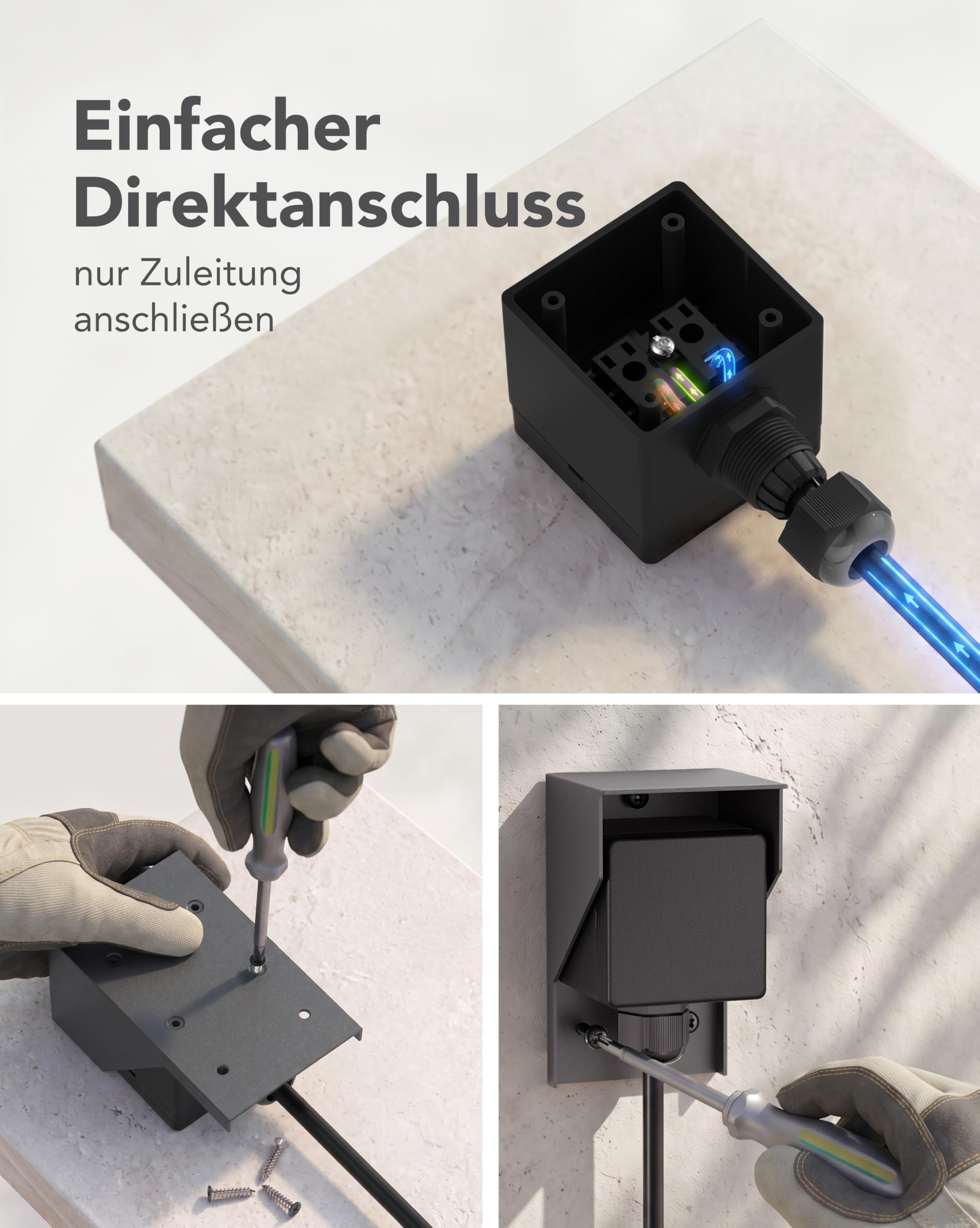 ledscom.de 3x Aufputz Steckdose PIWI für außen und 2m Kabel, IP44, 1-fach, anthrazit