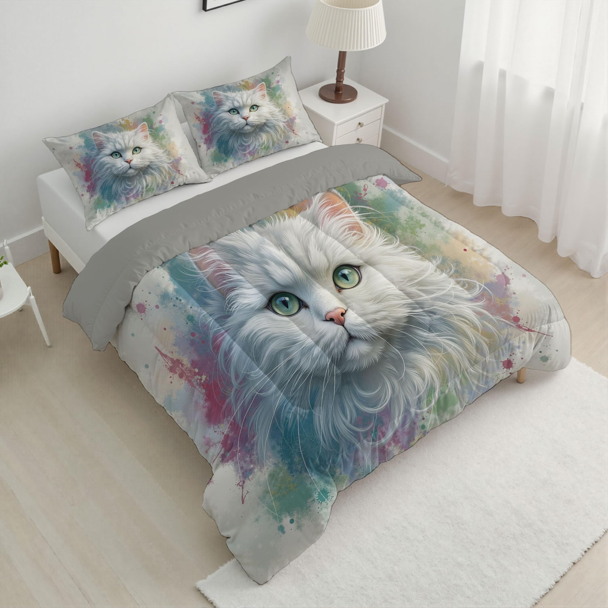 Edredón Relleno Nórdico Cama 90,Edredón de Fibra 200gr/m², 140x200cm 4 Estaciones Estampado Gato Blanco Y Esponjoso 3D Edredón Acuarela Animales De Mariposa Suave y Ligero con 1 Fundas