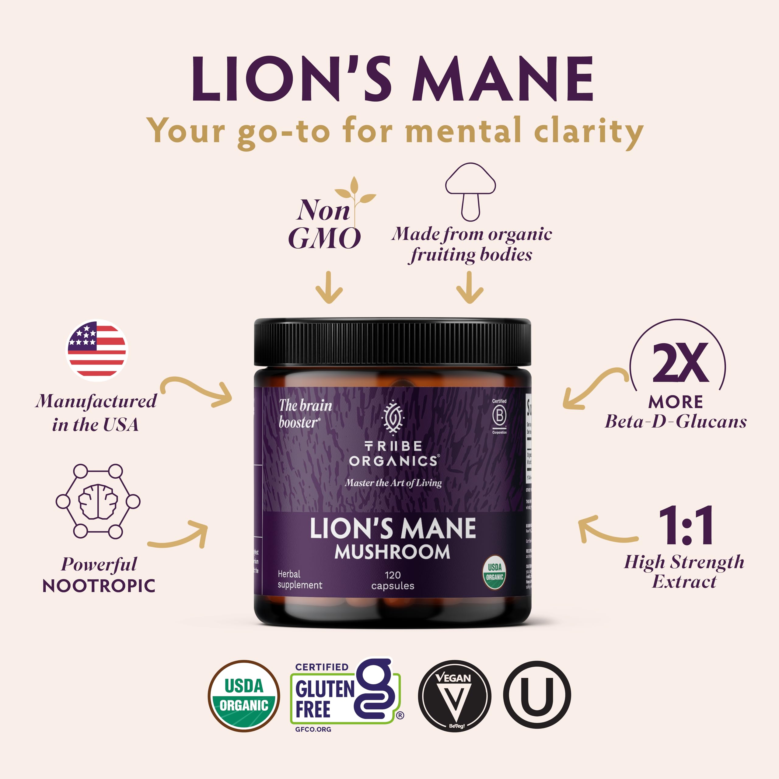 TRIBE ORGANICS Lion's Mane Supplement Capsules, Mushroom Extract, 120ct — Amazon image 2