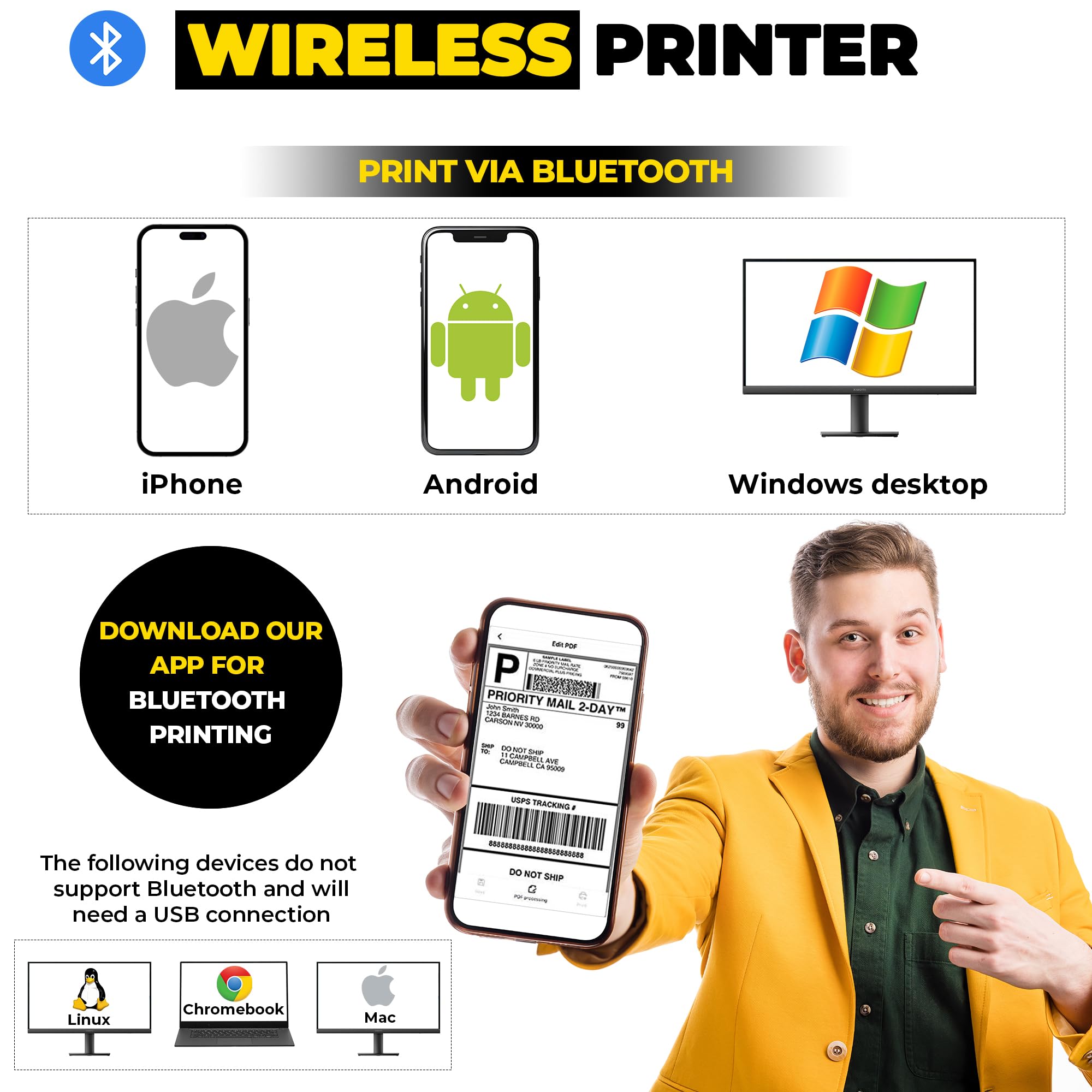 Drukarka etykiet, drukarka termiczna Bluetooth, drukarka etykiet wysyłkowych 4 x 6, drukarka etykiet termicznych na biurko lub telefon, kompatybilna z iPhone, Android, Windows, Mac,