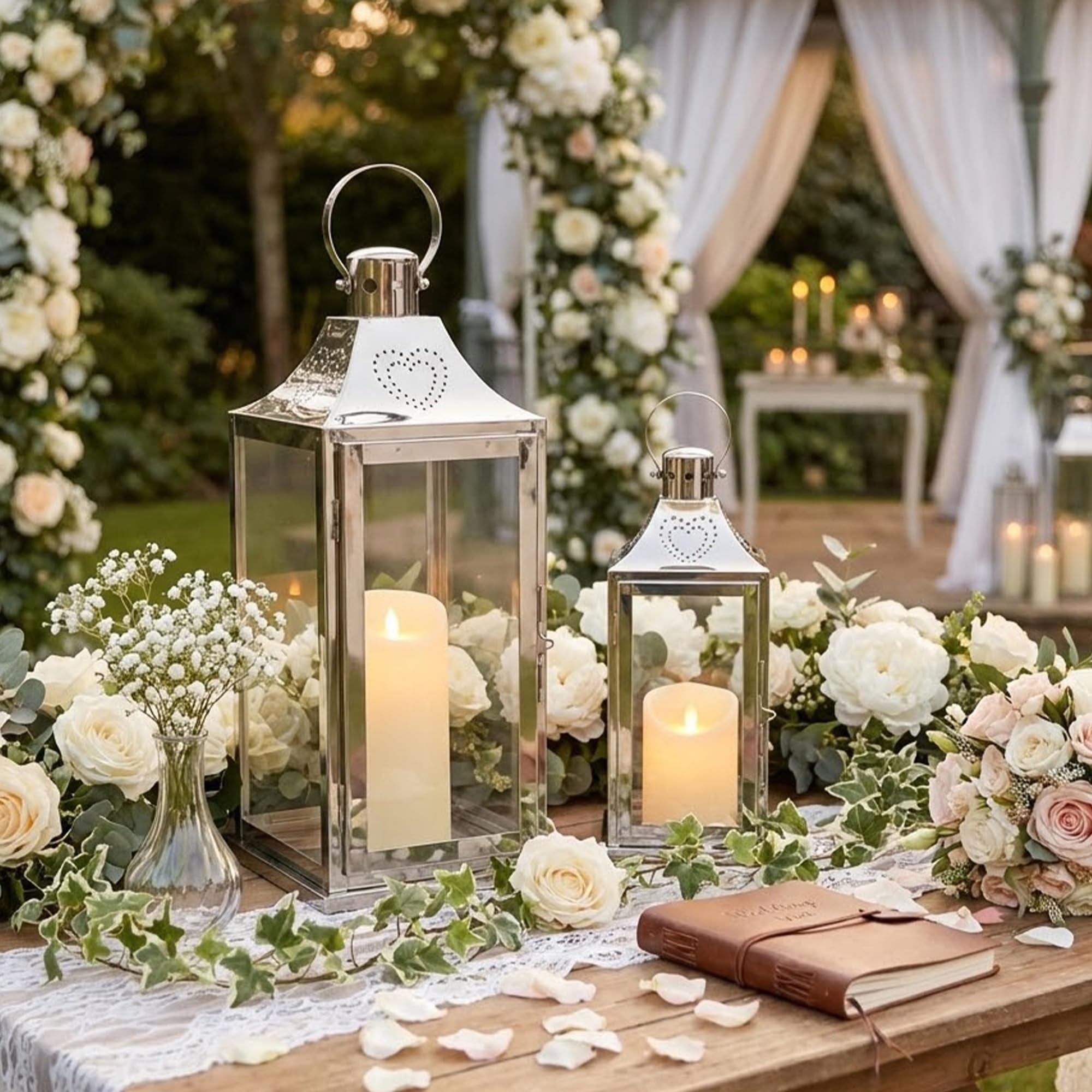 TRIROCKS Set mit 2 Dekorativen Laternen aus Edelstahl, 43&30cm Hoch, Kerzenhalter aus Metall mit Gehärtetem Glas für Zuhause Wohnzimmer Garten Hof Partys Event Indoor Outdoor (Silber)