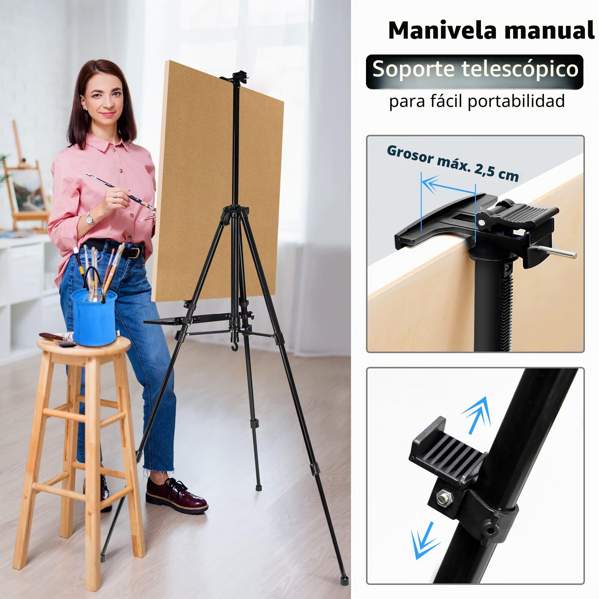 Caballete de arte para pintar, ajustable de 50 a 152 cm, trípode plegable, caballete de exhibición con bolsa, barril, prón, mesa y pintura de suelo, dibujo artístico (negro)
