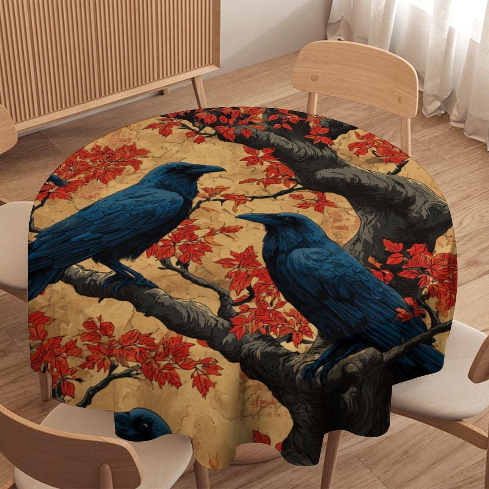 LUYYSKY Classic Watercolor Animals Raven Round Tablecloth Antique Minimalist Art Trees Black Crows Print Washable Decor for Table Cover for Kitchen-60 Wx60 L