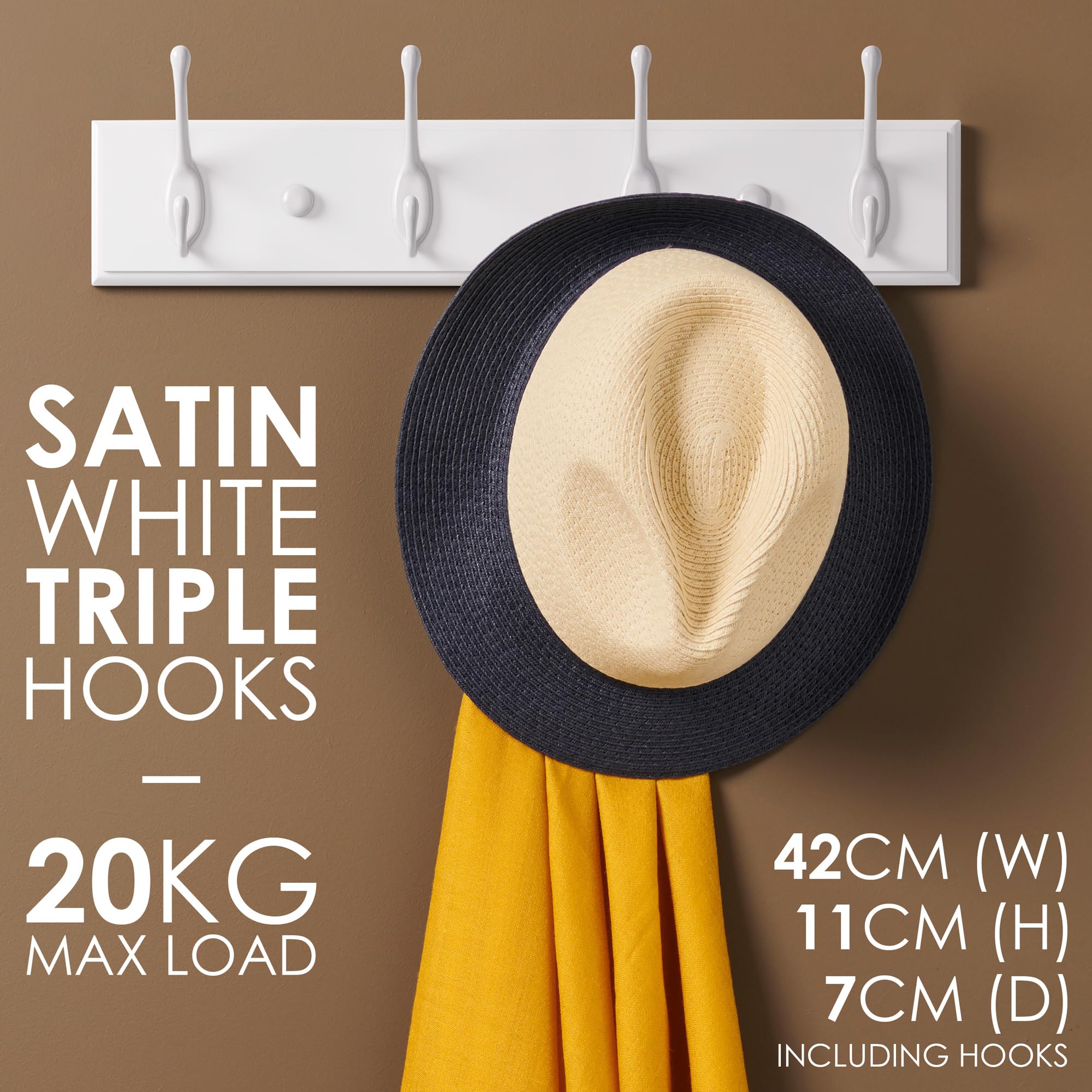 LARHN White Coat Hooks Wall Mounted Coat Rack - 4 White Wall Hooks - 42 cm - All Fixings Included for Quick & Easy Installation - Image 2