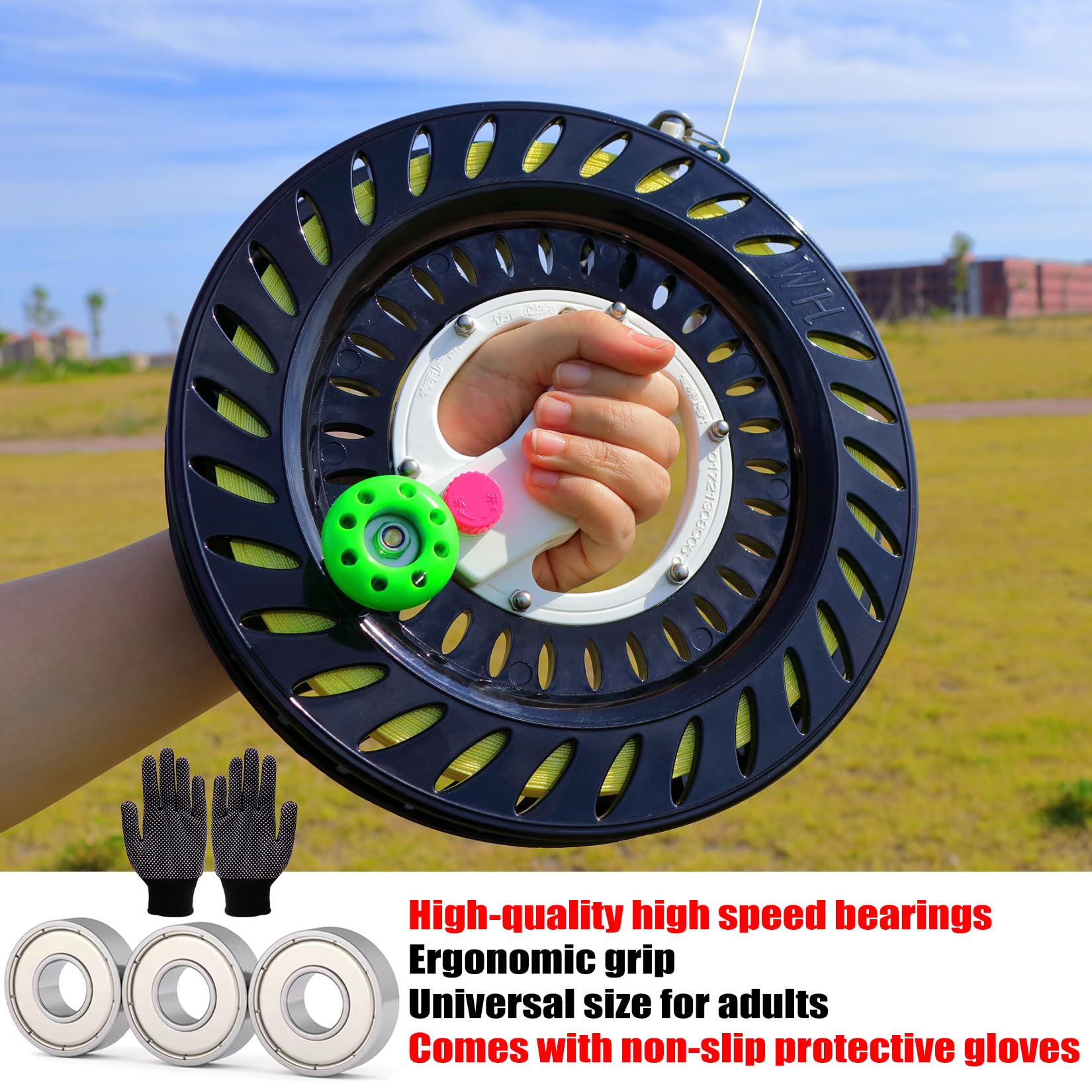 Bobina per aquiloni per adulti, diametro 26,2 cm con corda per aquiloni, avvolgitore per aquiloni con blocco e connettore, bobina per aquiloni per adulti (nero)