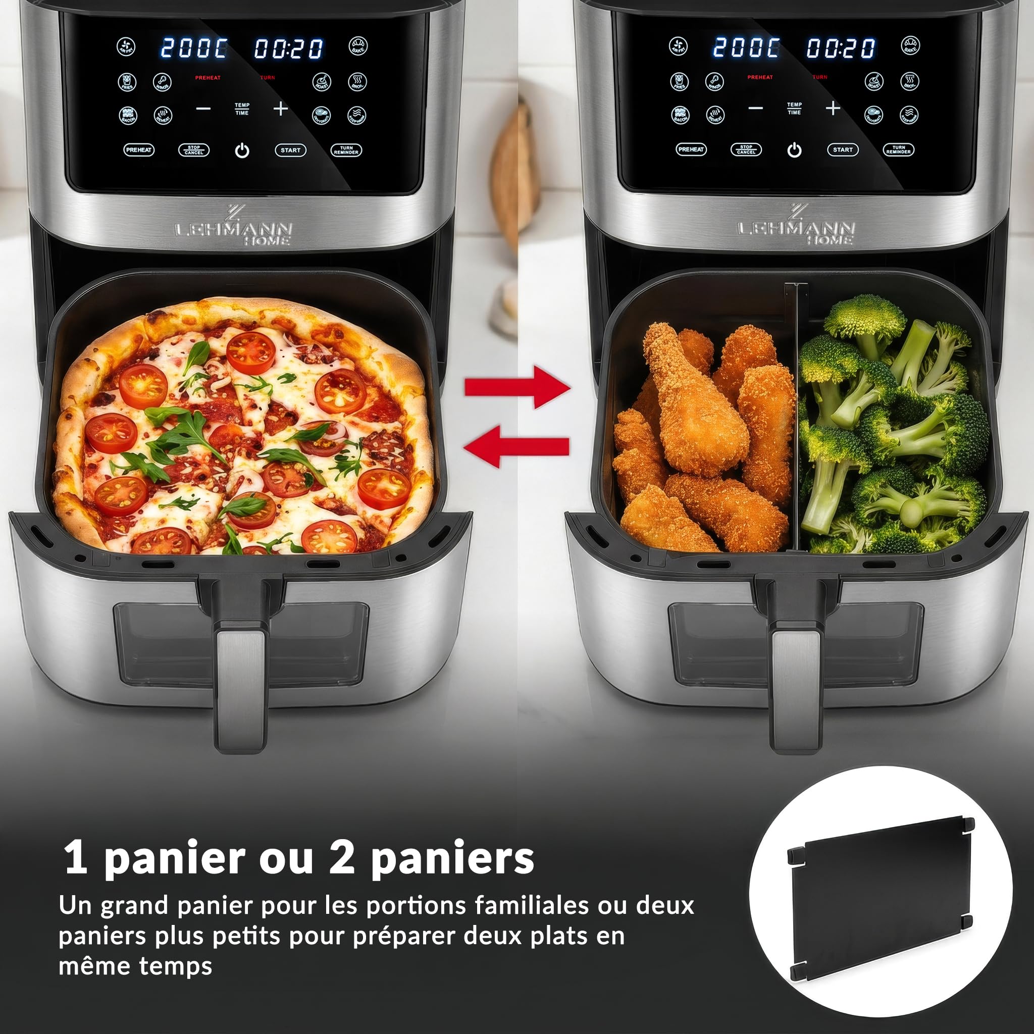 LEHMANN Air Fryer 8L avec Compartiment Flexible Dual Zone, Fenêtre, 12 programmes, Réglage Température 76-200°C, Écran Tactile LED, Revêtement Antiadhésif, 90% de Matières Grasses en Moins