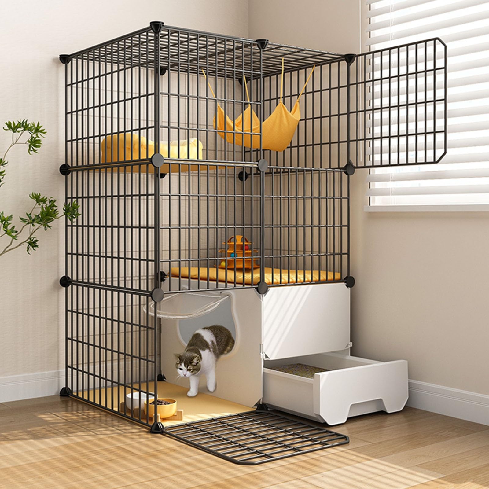 Jaula para Gatos, Jaula Grande para Gatos de Interior con Caja de Arena, recintos para Gatos de 3 Niveles, Corral Grande de Alambre de Metal Desmontable para Conejos y Cachorros, Uso en Inte