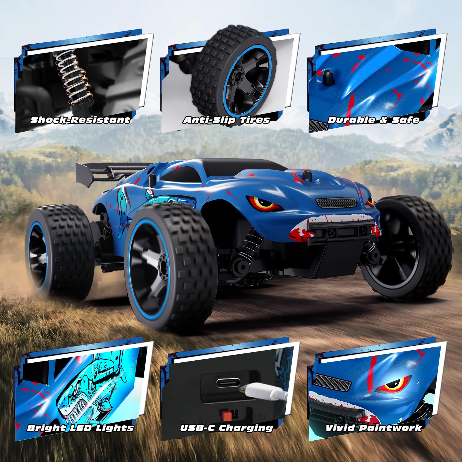 Tecnock - Coche teledirigido a distancia, escala 1:18, camión RC 2WD todoterreno 2.4GHz con luces LED, recarga USB-C fácil, 50 min de juego, juguete regalo para niños 8-12 años niños y niñas — view 6