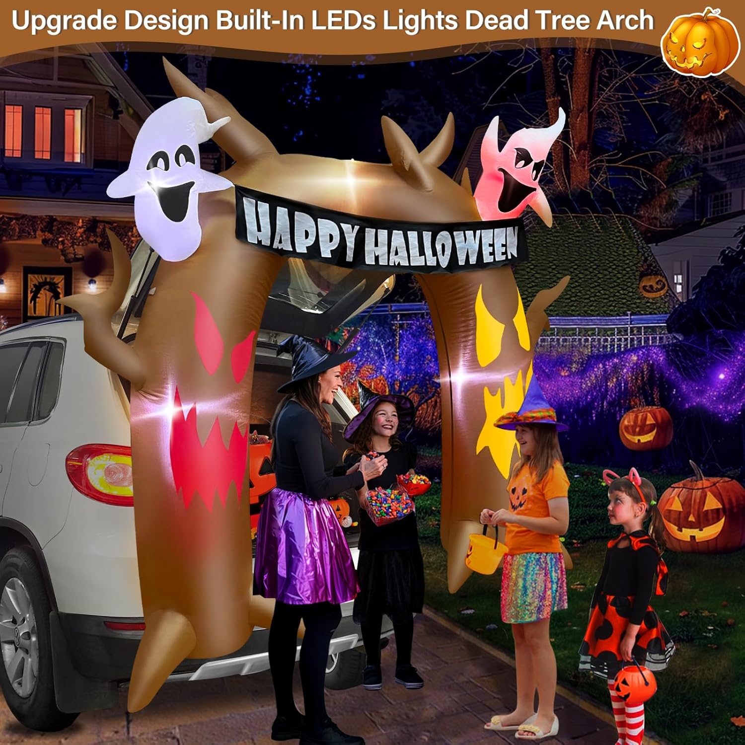 TURNMEON 5 Ft Halloween Inflatable Outdoor Decorations, Trunk or Treat Car Decorations, Halloween Blow Up Dead Tree Arch with Haunted Ghosts Hold Banner Build-in LEDs for Outdoor Decor