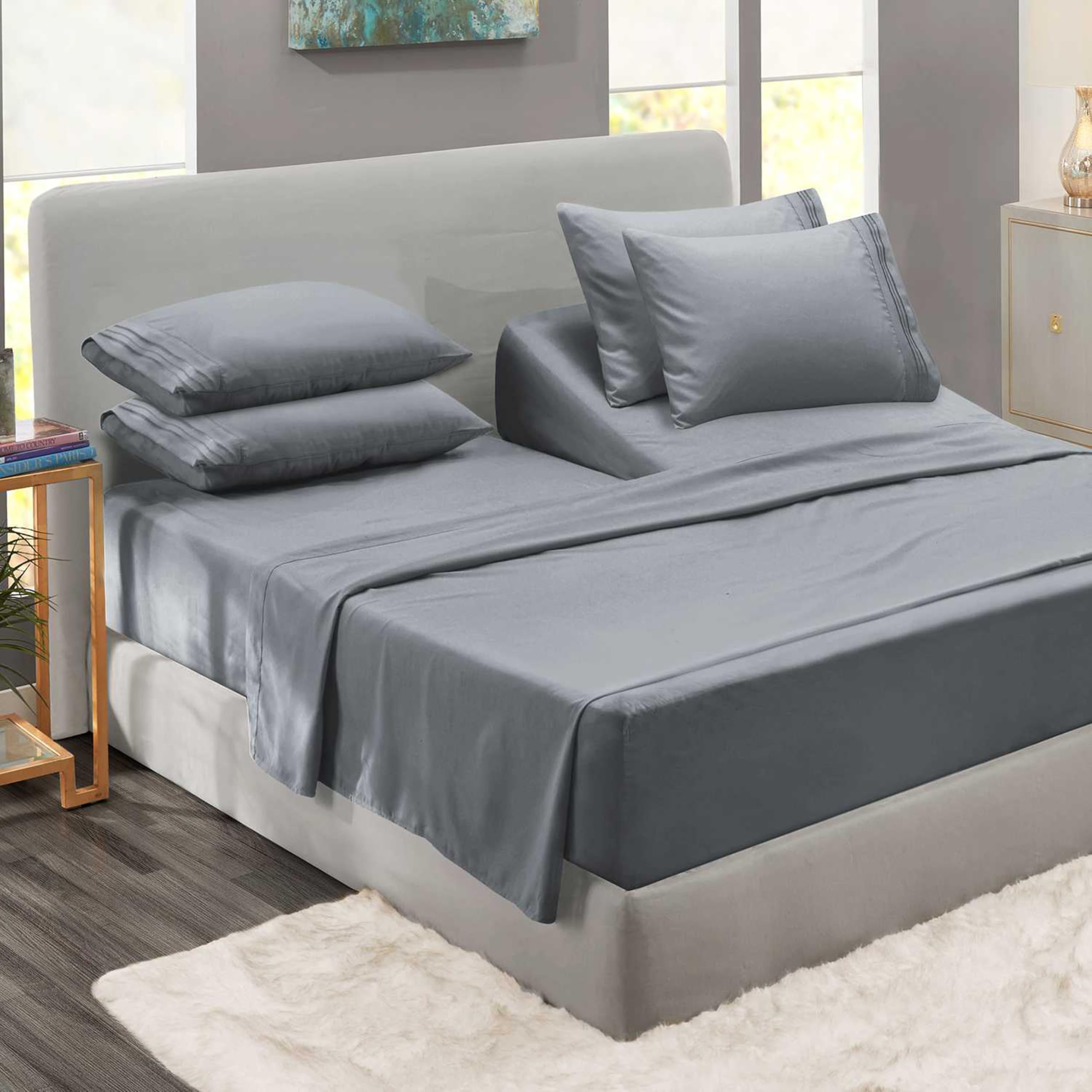 Clara Clark Flex Top King Sheets - Hotel Luxury 6 Piece Bed Sheets for Top Split King Bed - Soft Bedding Sheets & Pillowcases, Head Split King Size. Medium Grey Medium Grey Flex Top King