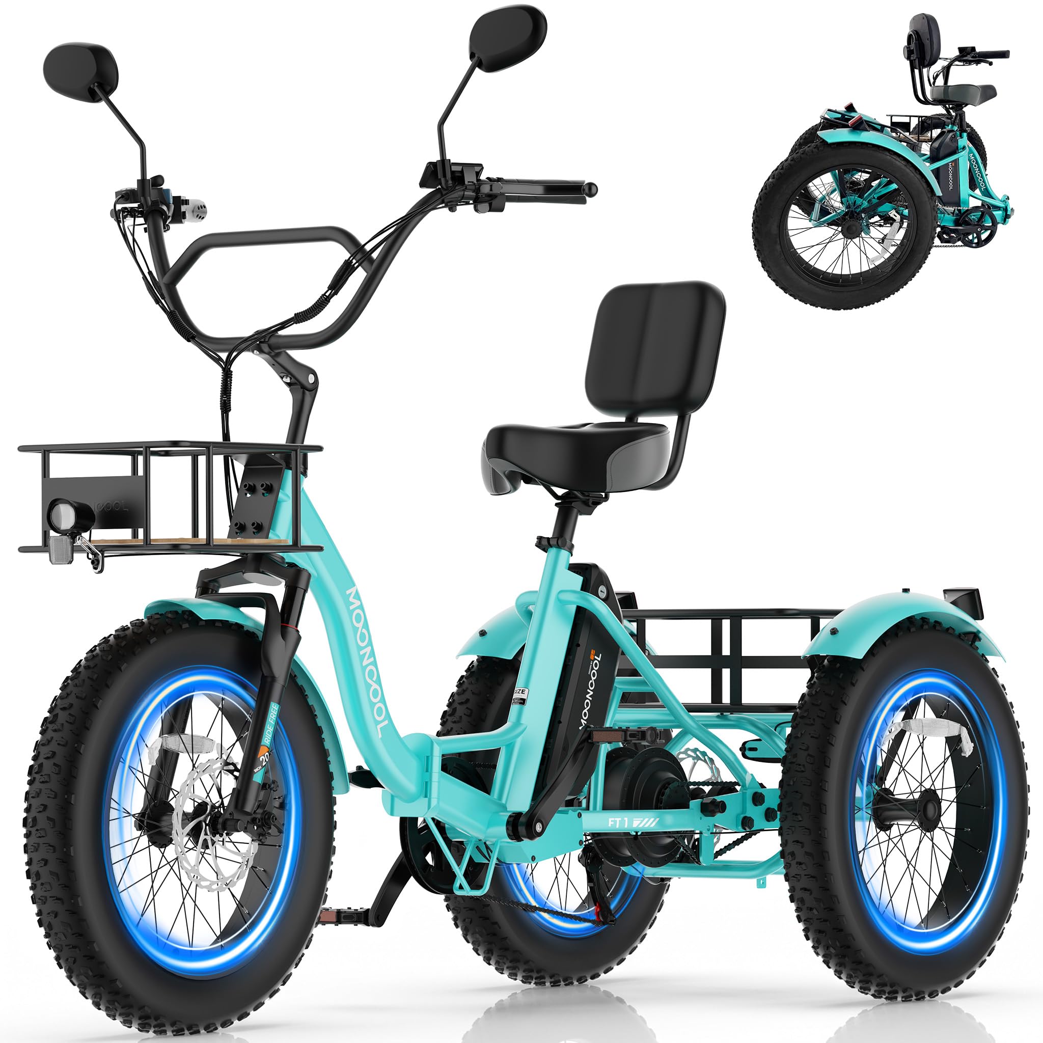 MOONCOOL Electric Trike for Adults, 20" Fat Tire 7 Speed Folding Tricycle