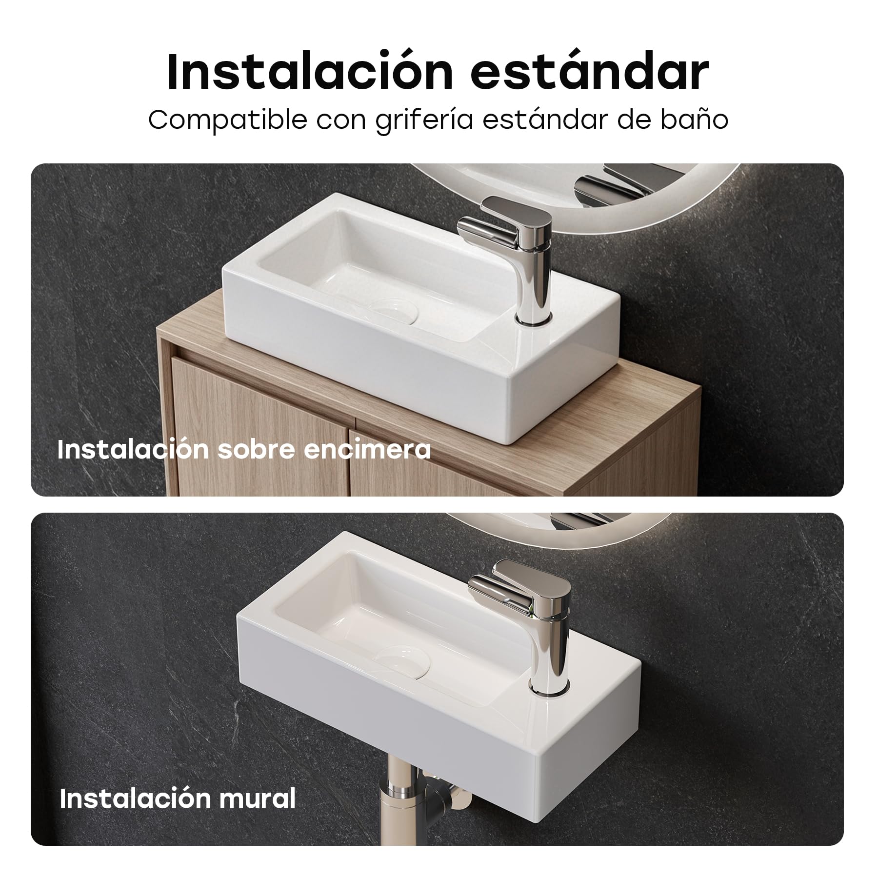 HOROW Lavabo colgante pequeño para invitados para baño, mini lavabo montado en la pared, lavabo rectangular, lavabo de mano con agujero para grifo a la derecha, blanco, 37 x 18 x 9 cm, sin desagüe