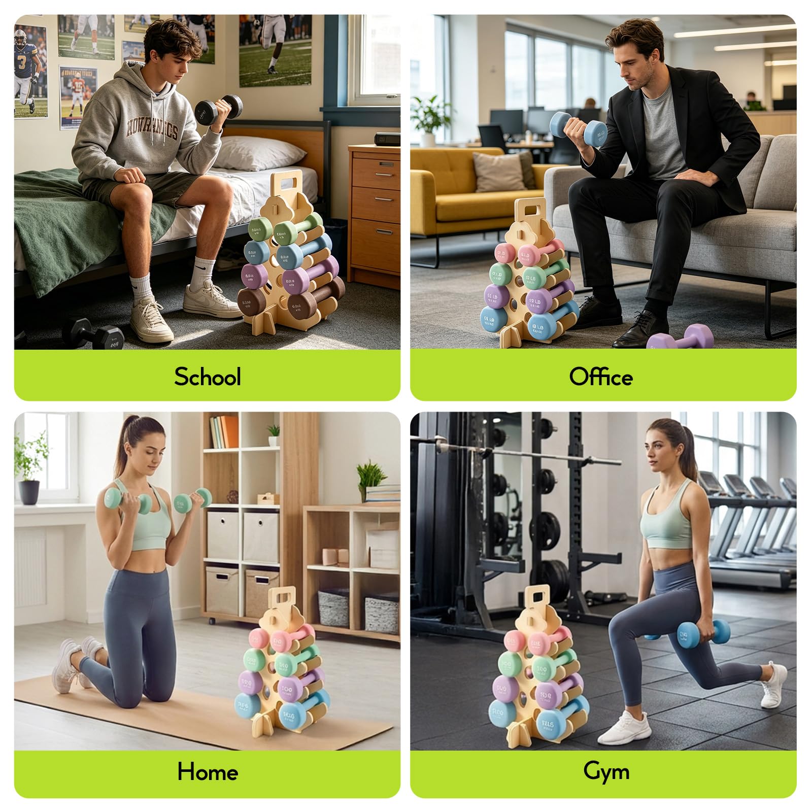 Hantelständer aus Holz, 4-stufiges Hantelregal für Neopren- & Vinyl-Hanteln, platzsparender Kurzhantelständer für Heimtrainingsraum und Home Gym, belastbar bis ca. 41 kg, mit Antirutsch-Ablage