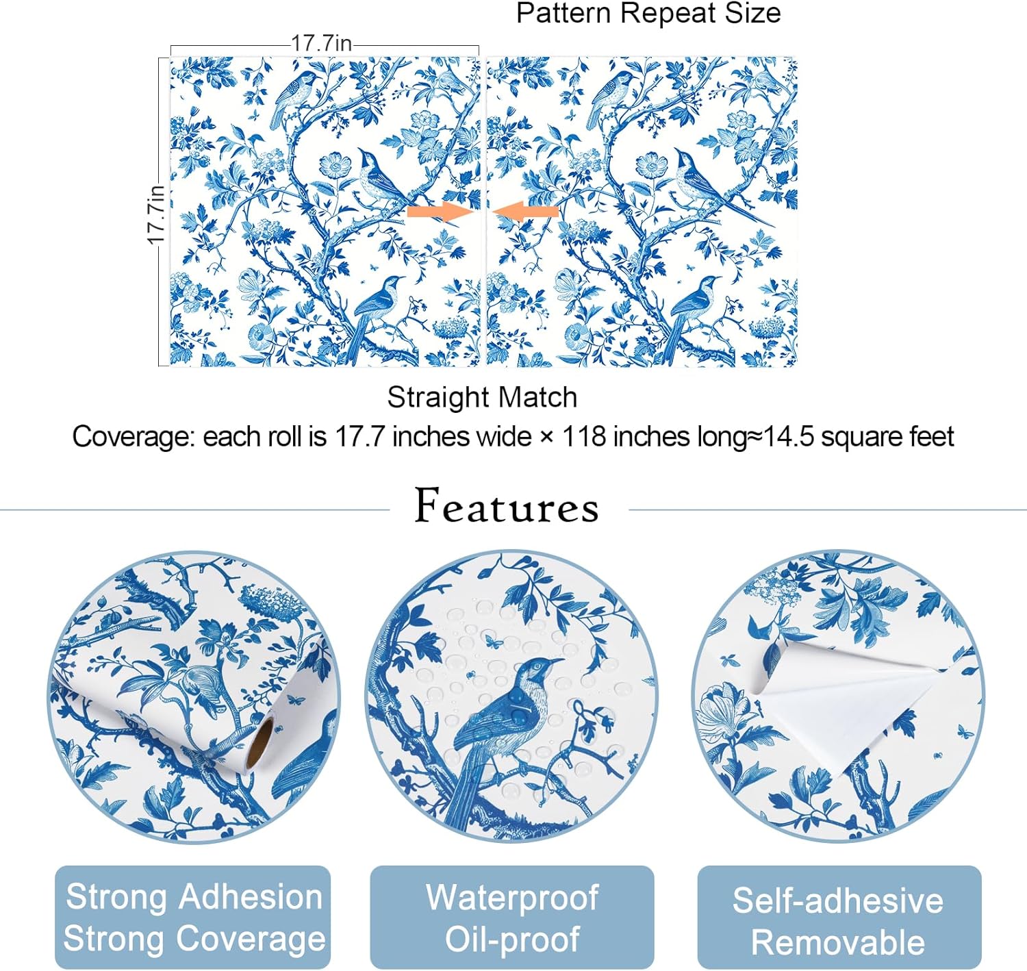 VaryStyle Blue Floral Tree Wallpaper Vintage Blue White Birds Floral Peel and Stick Wallpaper for Bedroom Bathroom 17.7"x118" Removable Self Adhesive Nature Contact Paper for Cabinets Walls Shelves
