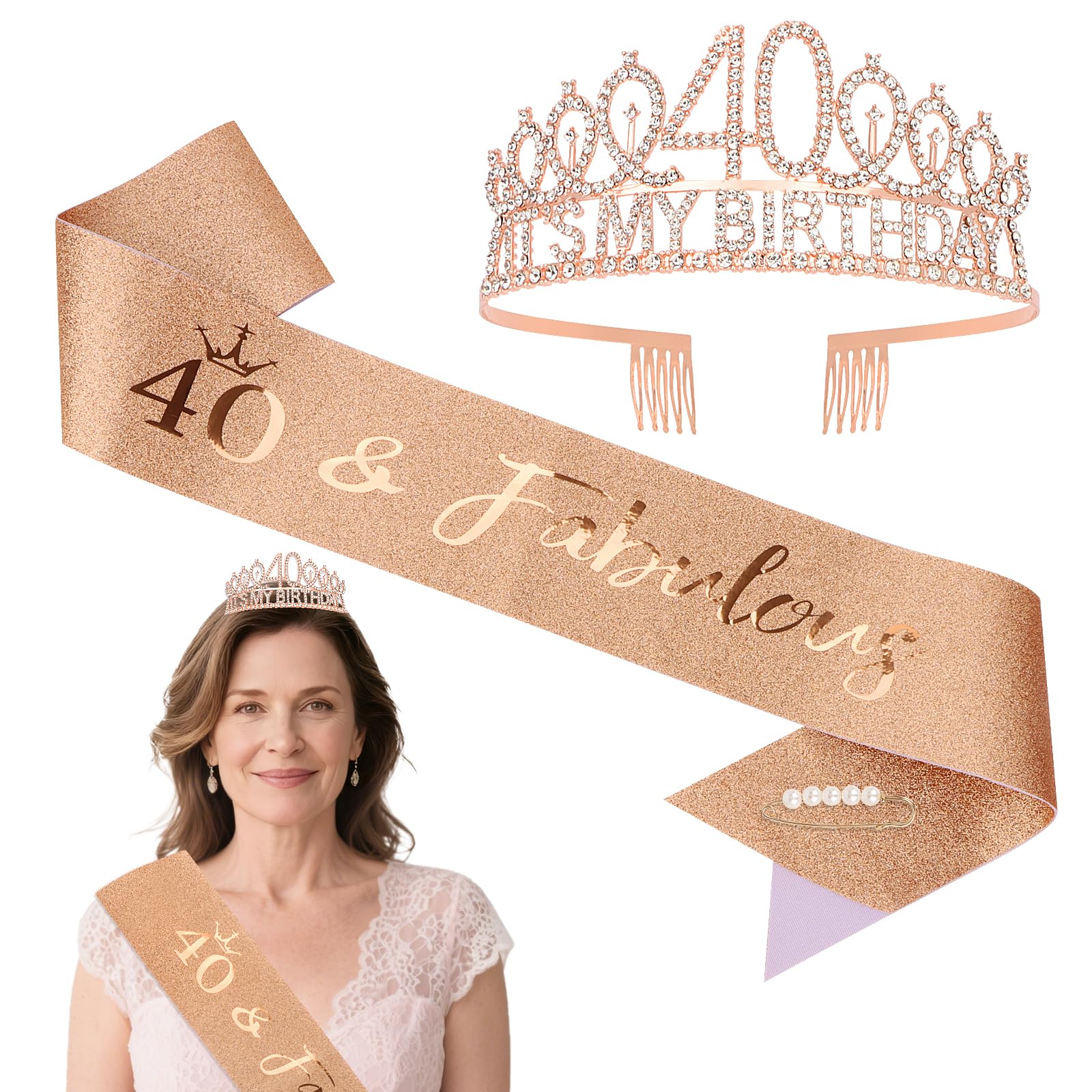 Srotmirw 40. Geburtstagskrone, 1 Stück Roségold krone mit weißer Diamant und Schuterriemen für Frauen bei der Geburtstagsfeier