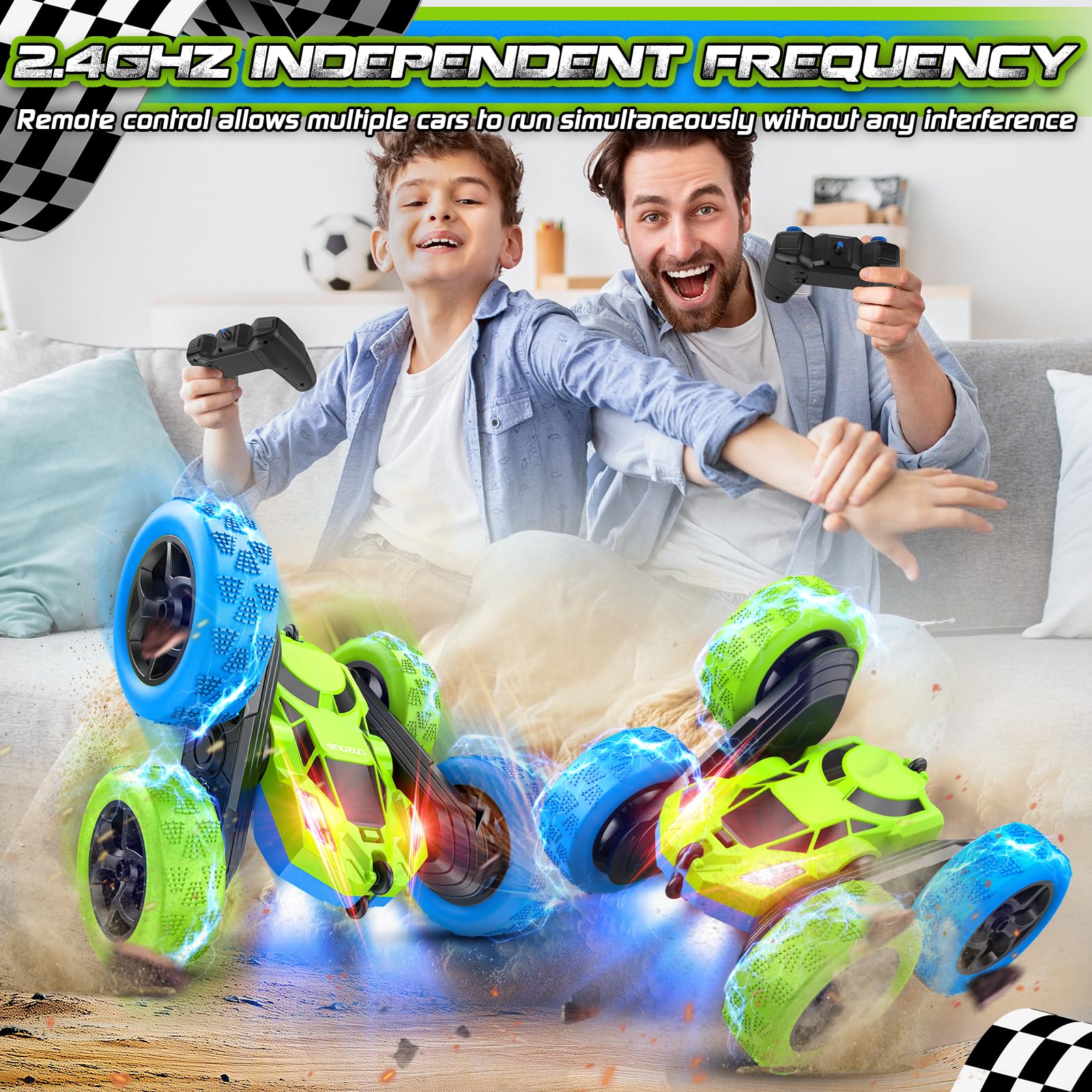 cosone Macchina Telecomandata, Auto RC con Fari 2.4GHZ Auto Giocattolo Telecomandate, 4WD Off Road Stunt Car Doppia Rotazione a 360°, Regali di Compleanno per Ragazzi dai 6 Anni in Su (Blu-Verde)
