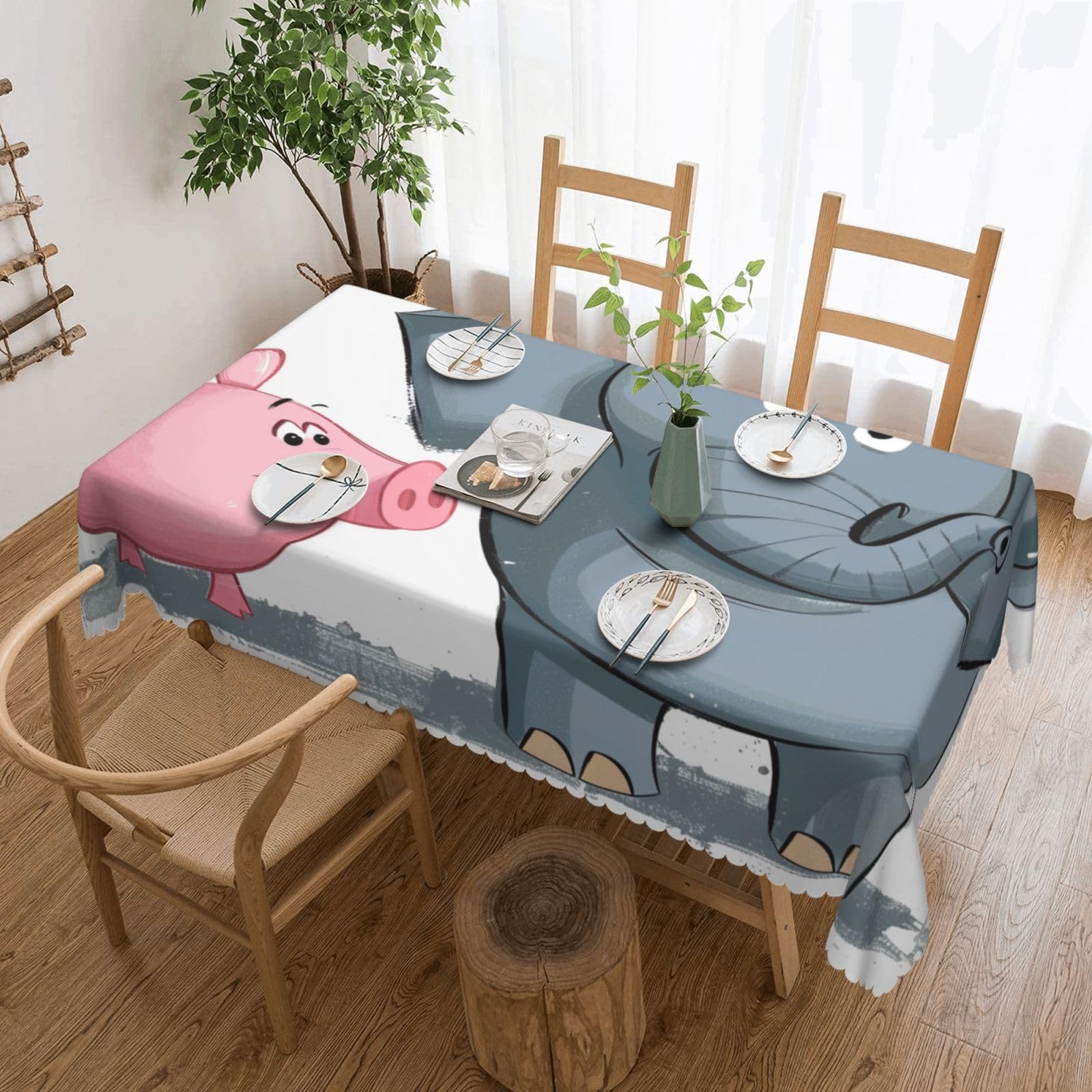 WPKJU Elephant and Piggie Printed Rectangle Tablecloth 72x54 Inch with Lace Trim, Water-Resistant Washable Table Cover for Farmhouse Weddings, Outdoor Picnics & Holiday Dining