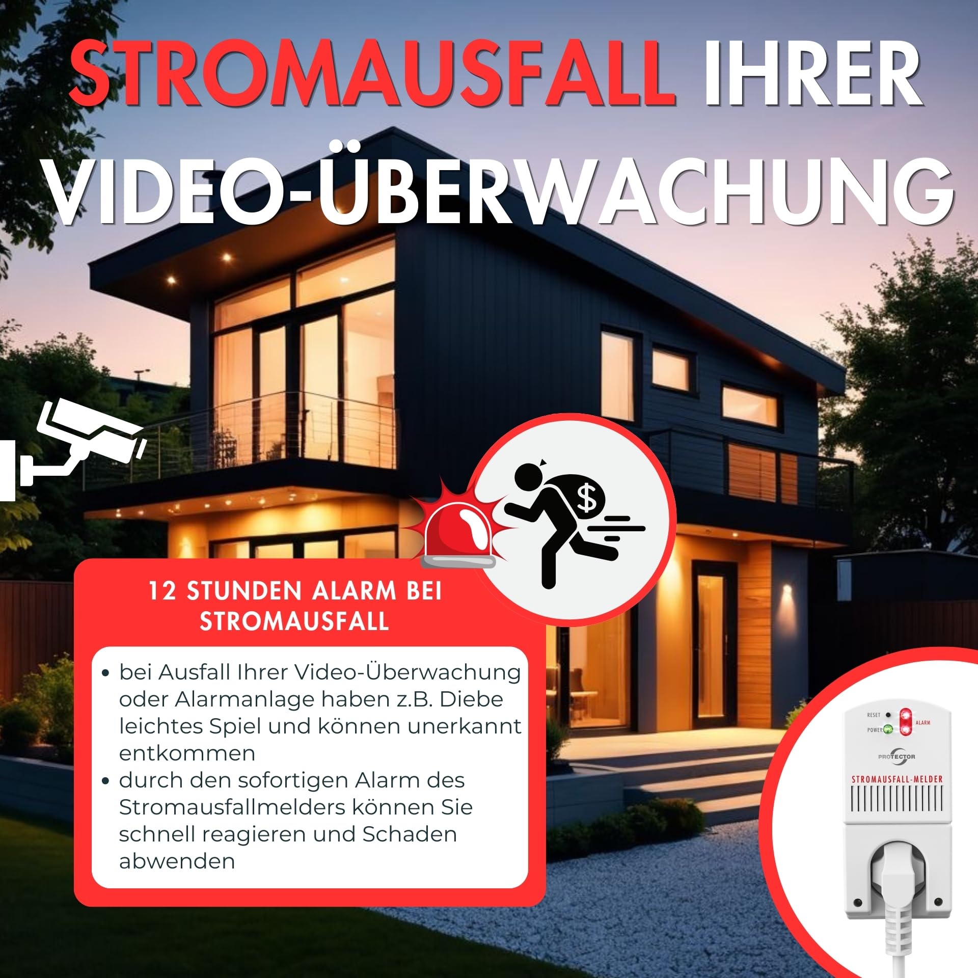 Protector SAM 1000 czujnik awarii zasilania | 3500 W | buforowany prąd awaryjny | 12 godzin | alarm awarii zasilania