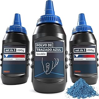 PRESCH Set de Polvo de Trazado Azul para tiralíneas - 3 x 200 g de polvo de tiza - Líneas claras y visibles gracias al intenso color azul - Perfecta para la fabricación de muebles e interiores
