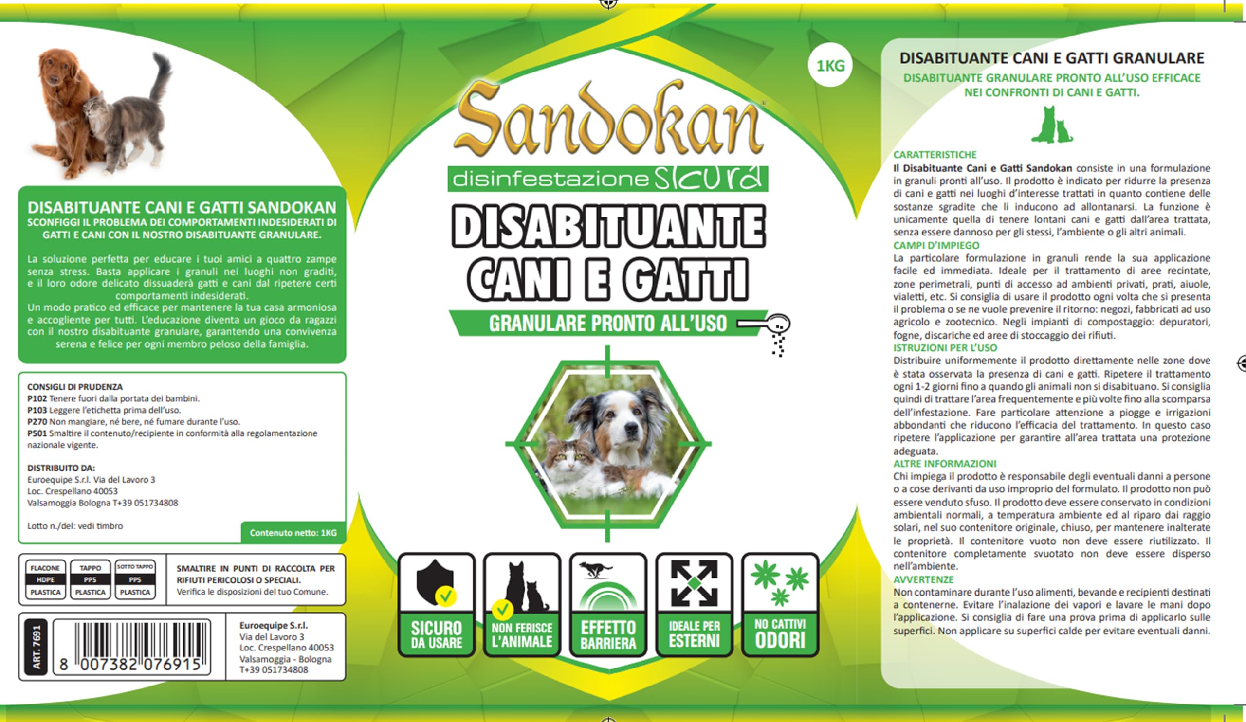 Sandokan Repellente per Gatti e Cani Granulare 1 L, Dissuasore da Esterno per Giardini, Sicuro per Animali